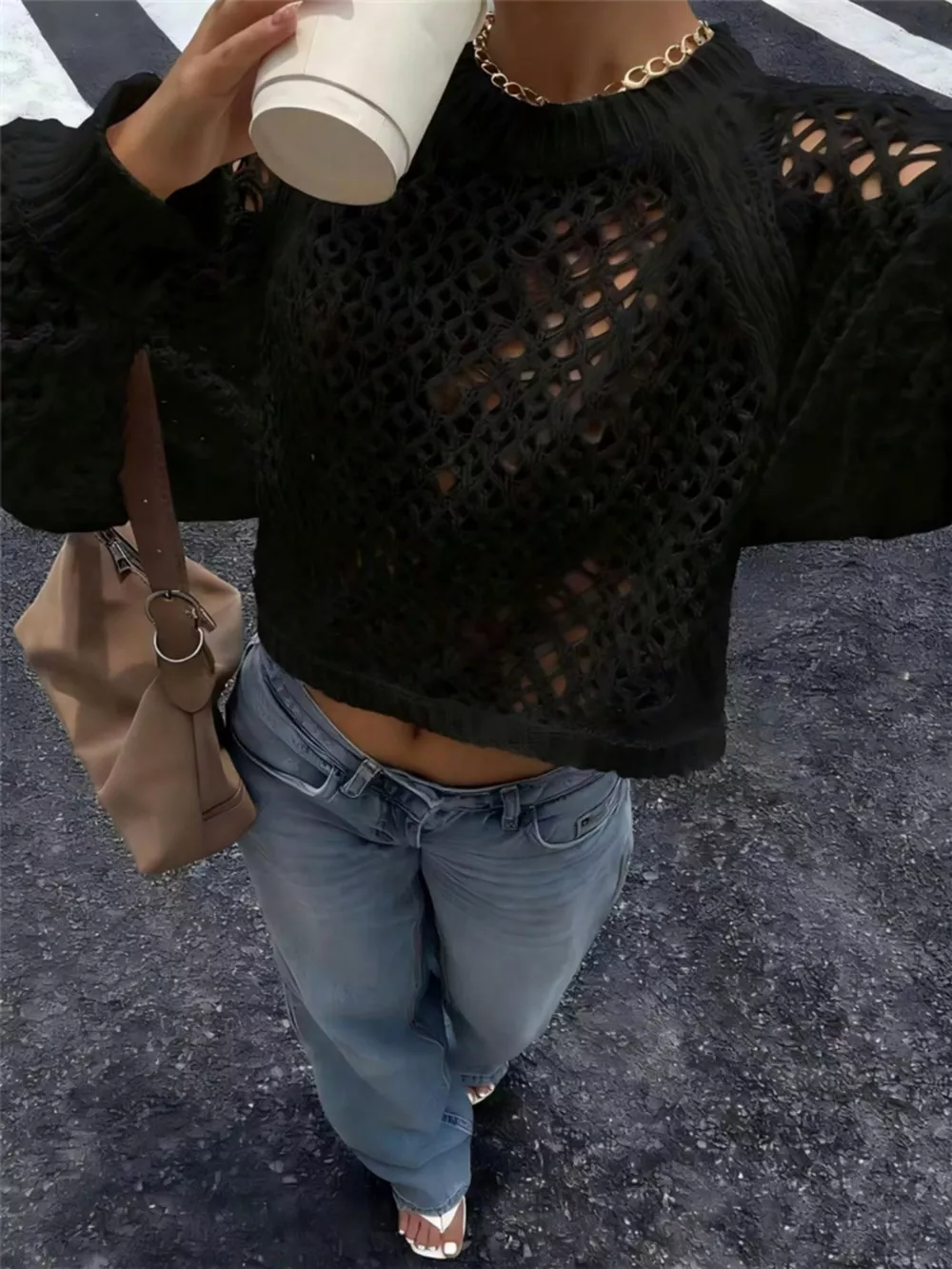 Crochet Knit Raglan Sleeve Sweater, image 7