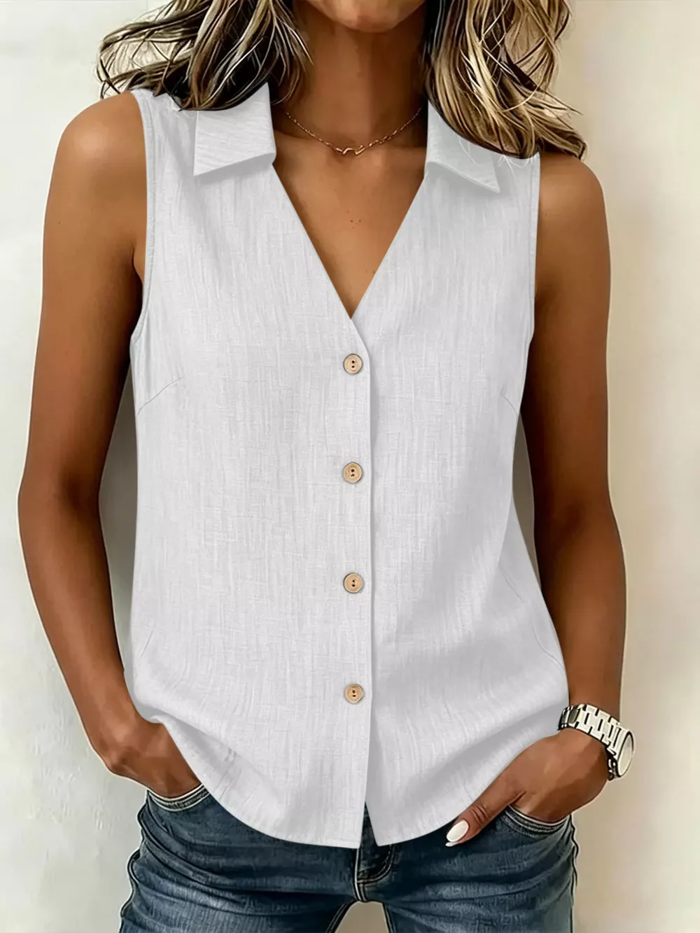 Full Size Button-Up Collared Neck Sleeveless Top Plus Size, image 9