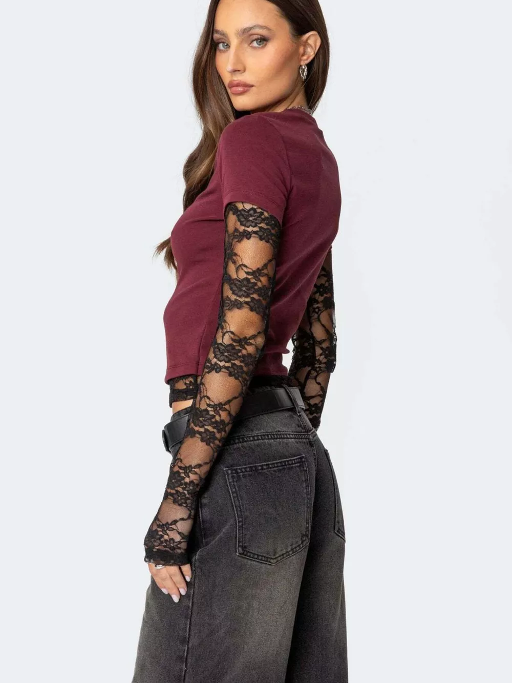 Cropped T-Shirt with Sheer Lace Sleeves, image 7