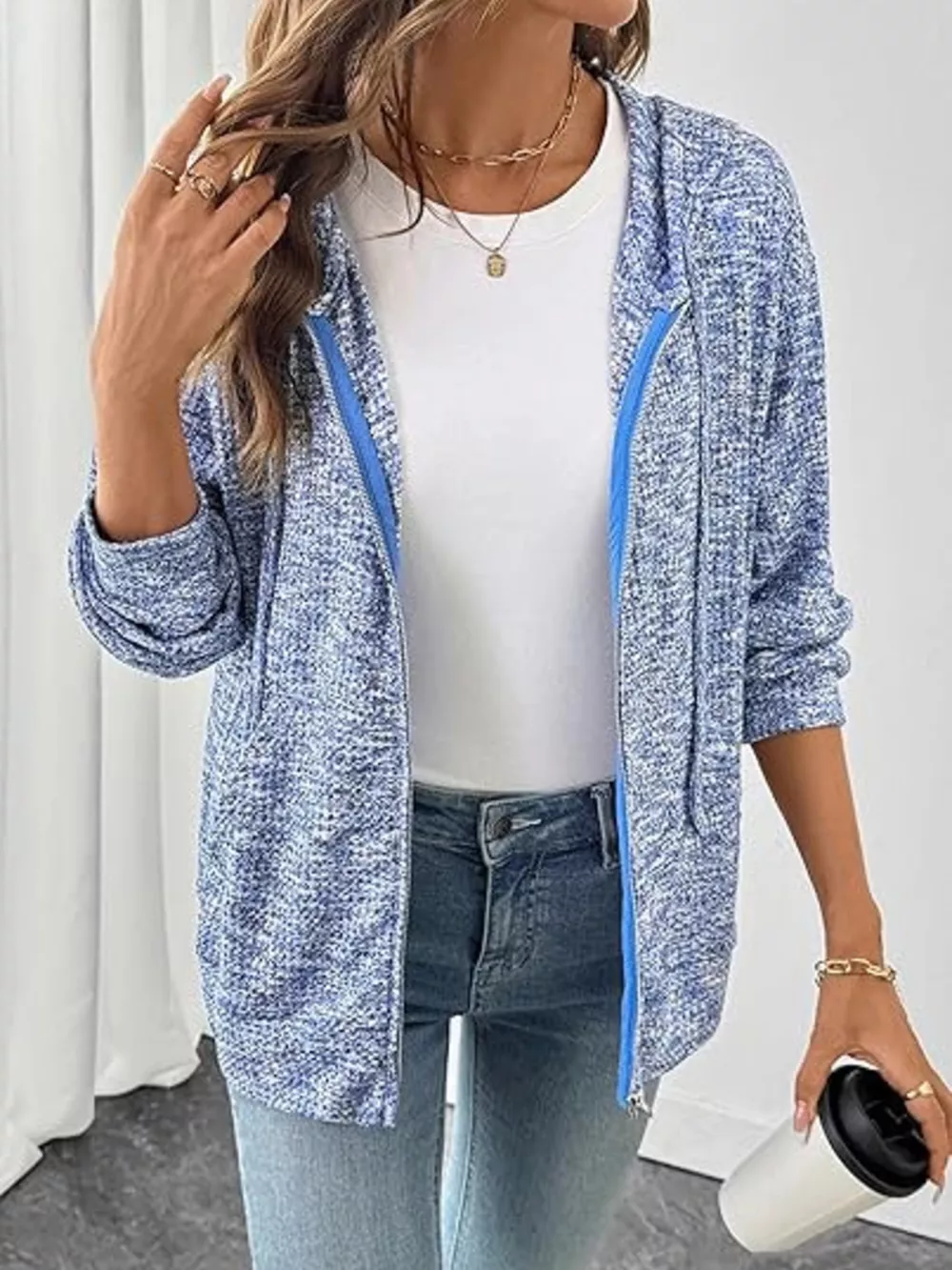 Zip-Up Drawstring Hooded Cardigan, image 3