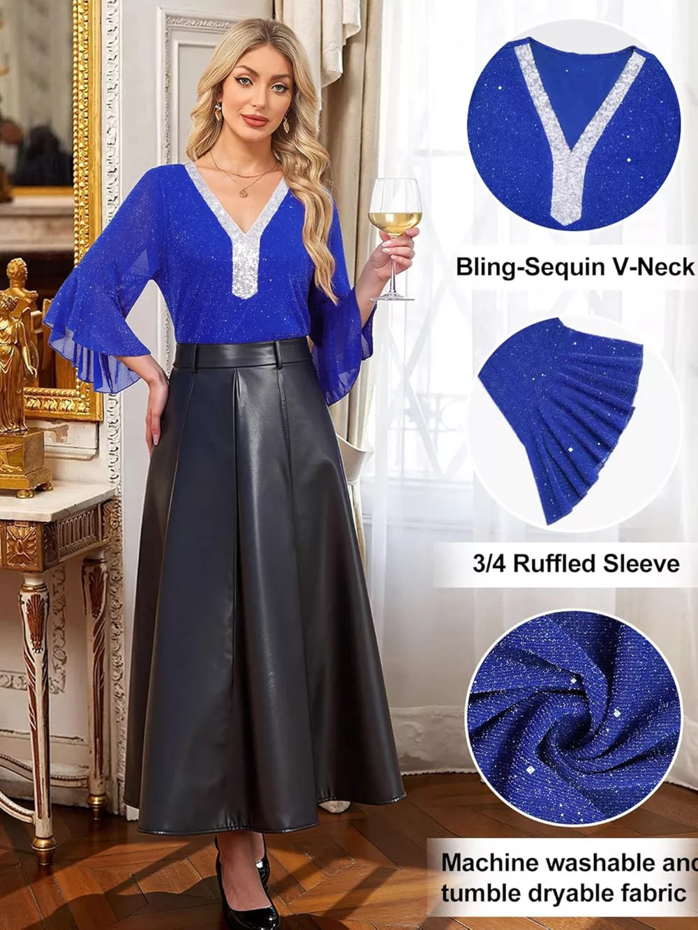 Sequin V-Neck Flounce Sleeve Blouse, image 16