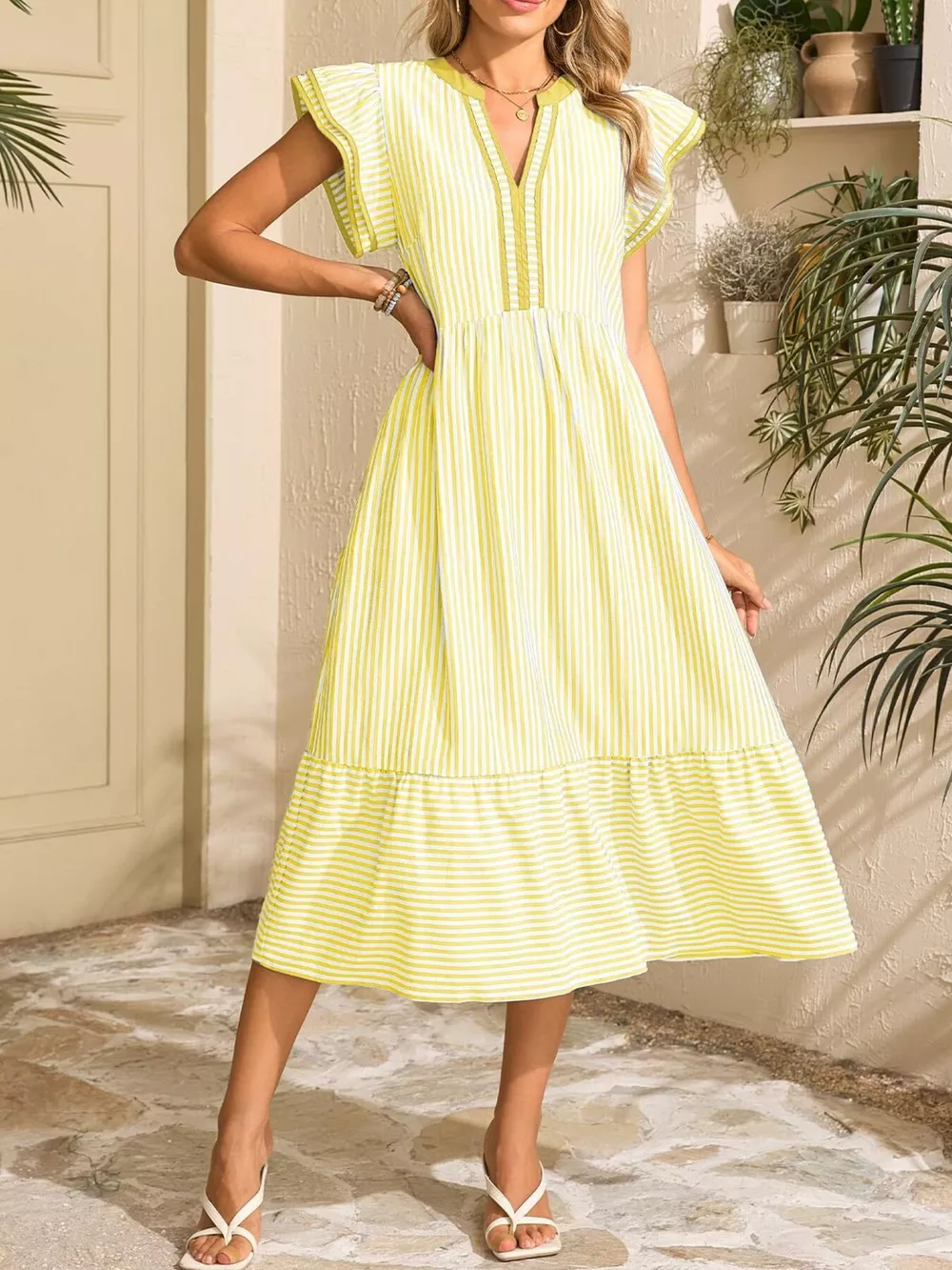 Striped Notched Ruffle Sleeve Dress, image 19