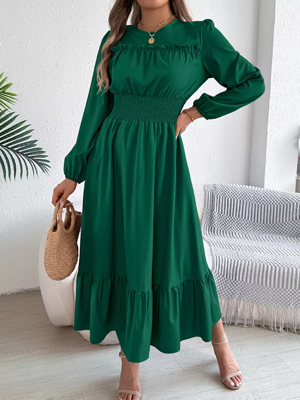 Round Neck Balloon Sleeve Tiered Dress, image 21