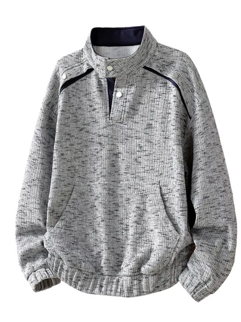 Men's Plus Size Stand Collar Textured Sweatshirt with Kangaroo Pocket