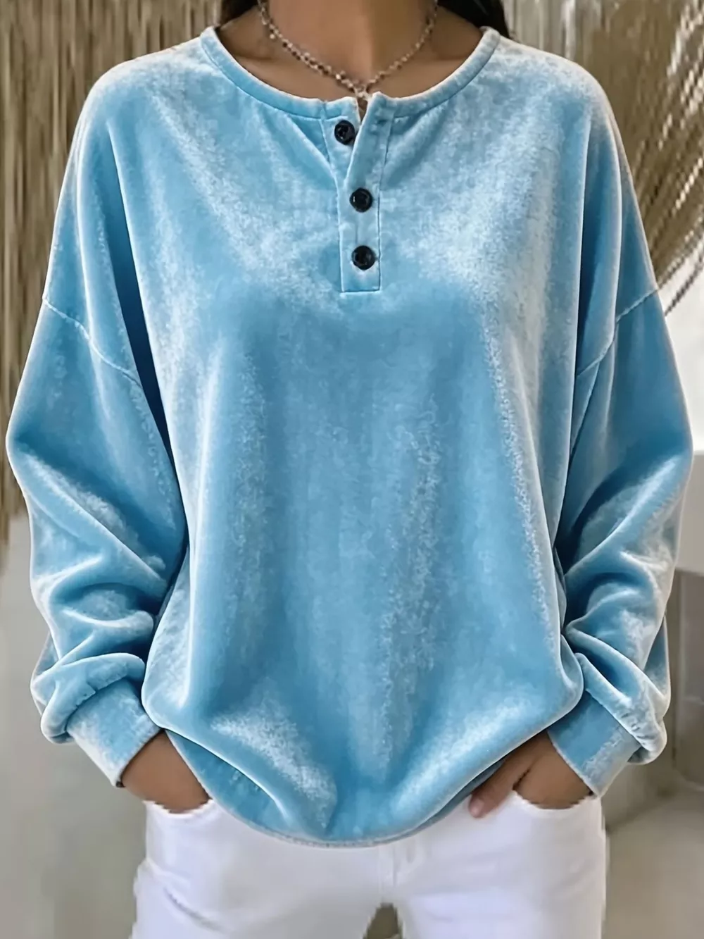 Velvet Henley Top with Button Detail, image 3