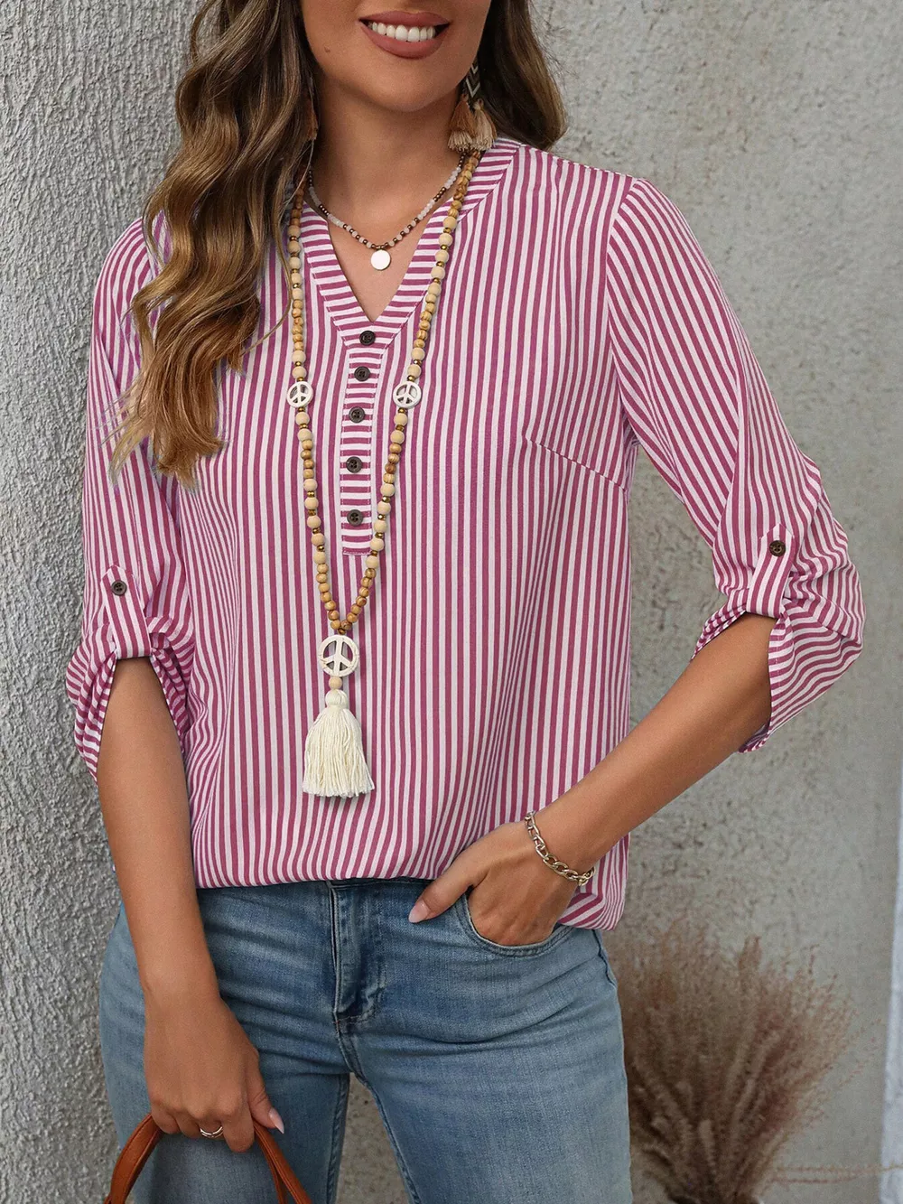 Striped V-Neck Roll-Up Sleeve Blouse, image 19