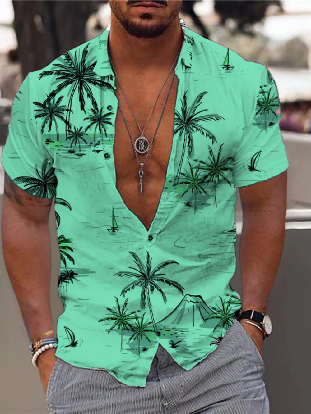Men's Full Size Tropical Print Short Sleeve Button-Down Shirt Plus Size, image 3