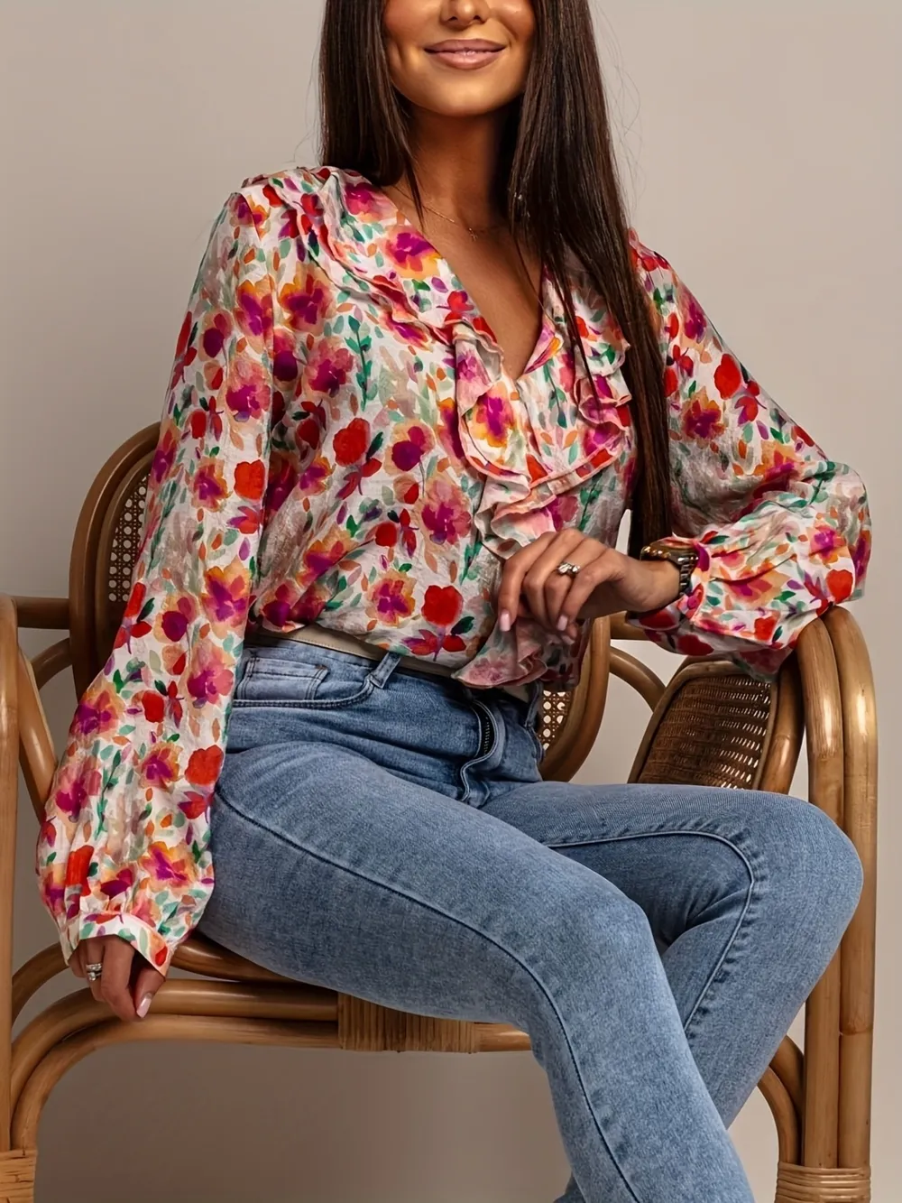 Floral Print Ruffle V-Neck Long Sleeve Blouse, image 4