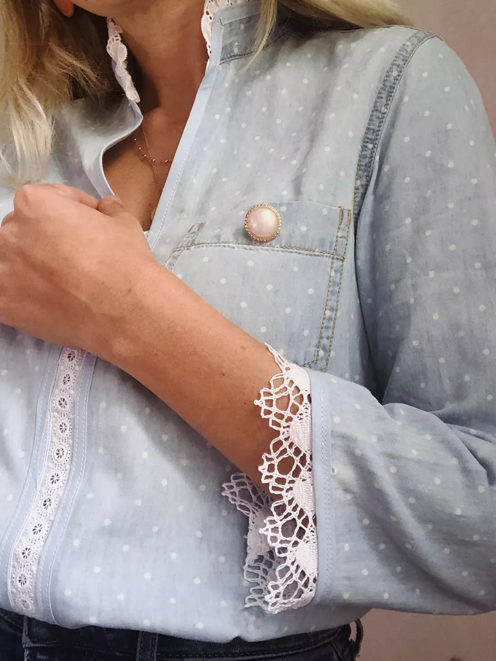 Lace Trim Patchwork Dotted Print Collared Blouse, image 3