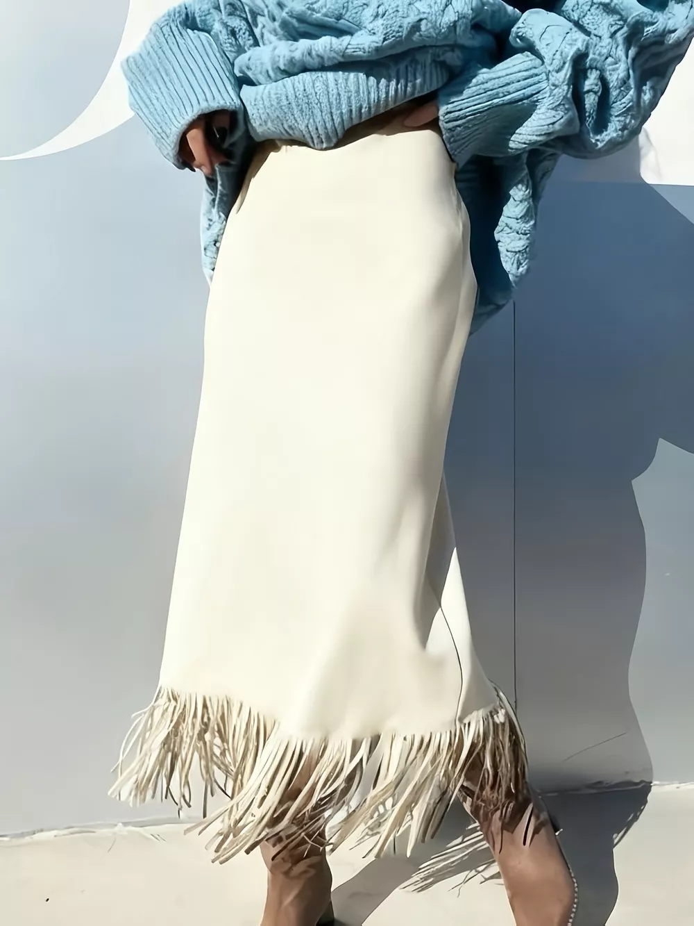 High-Waisted Suede Fringe Midi Skirt, image 6