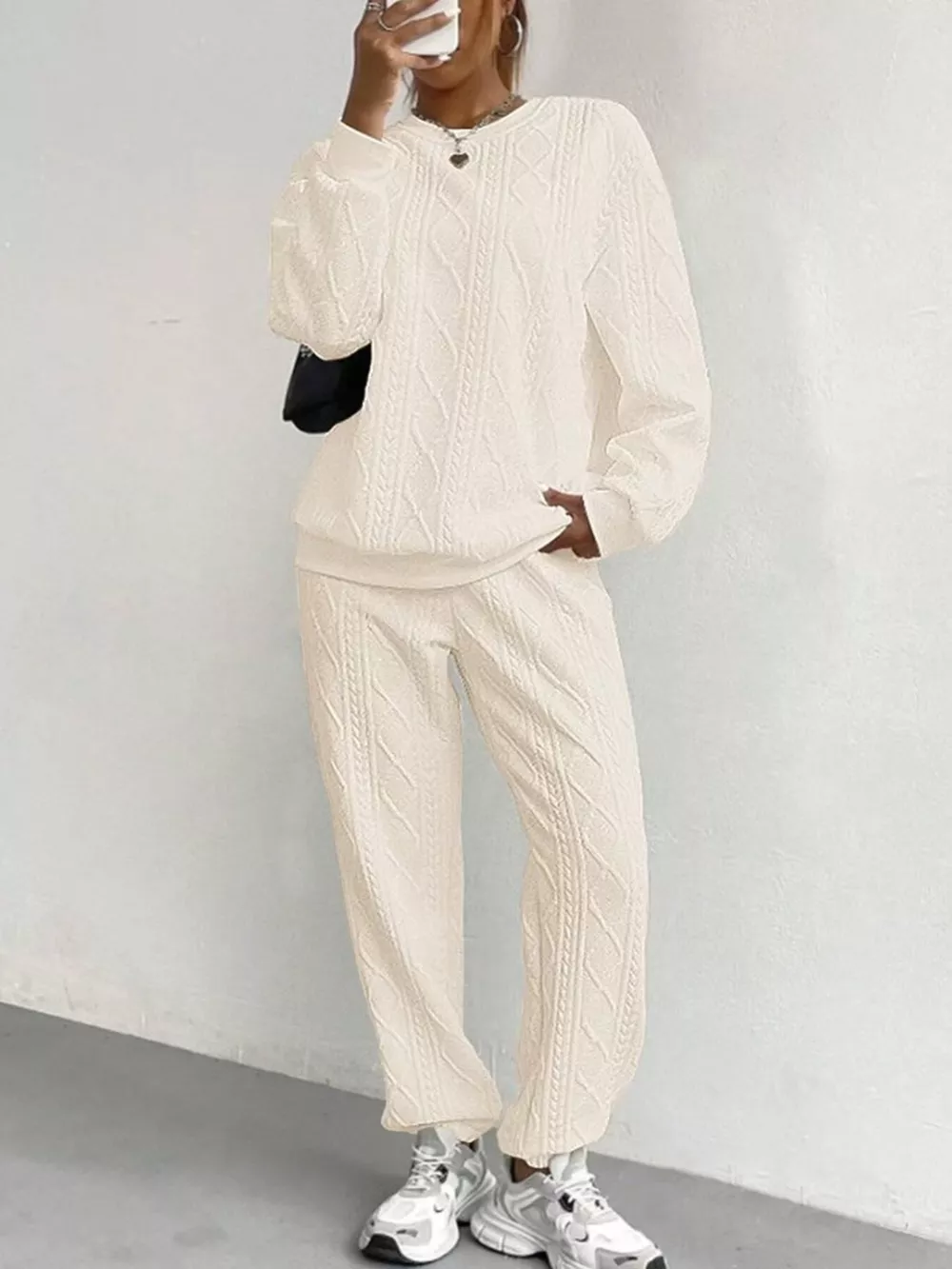 Texture Round Neck Top and Pants Set, image 17