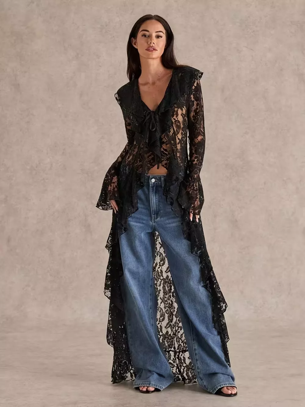 Lace Ruffle Trim High-Low Blouse, image 2
