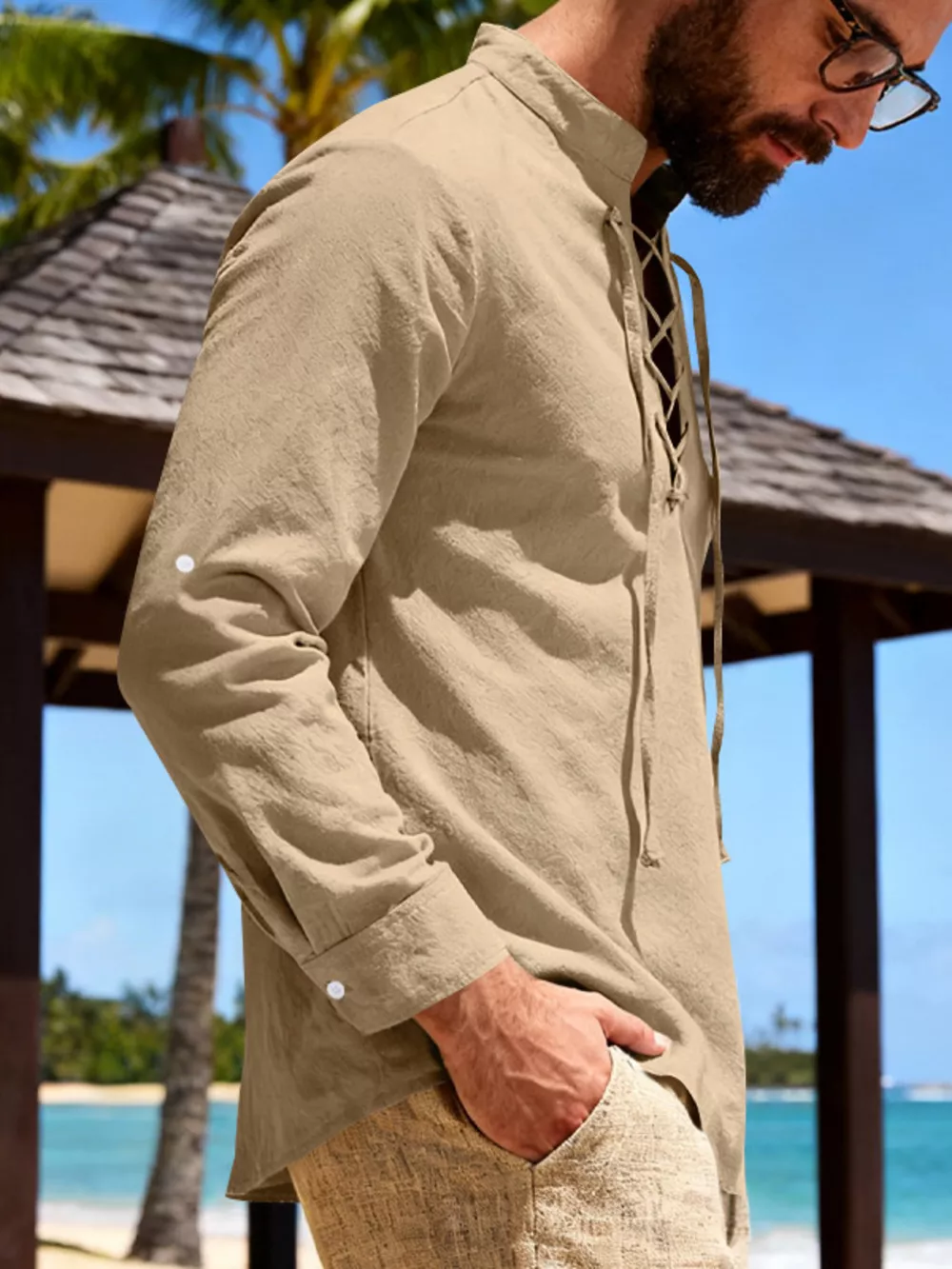 Men's Full Size Casual Lace-Up Linen Shirt Plus Size, image 12