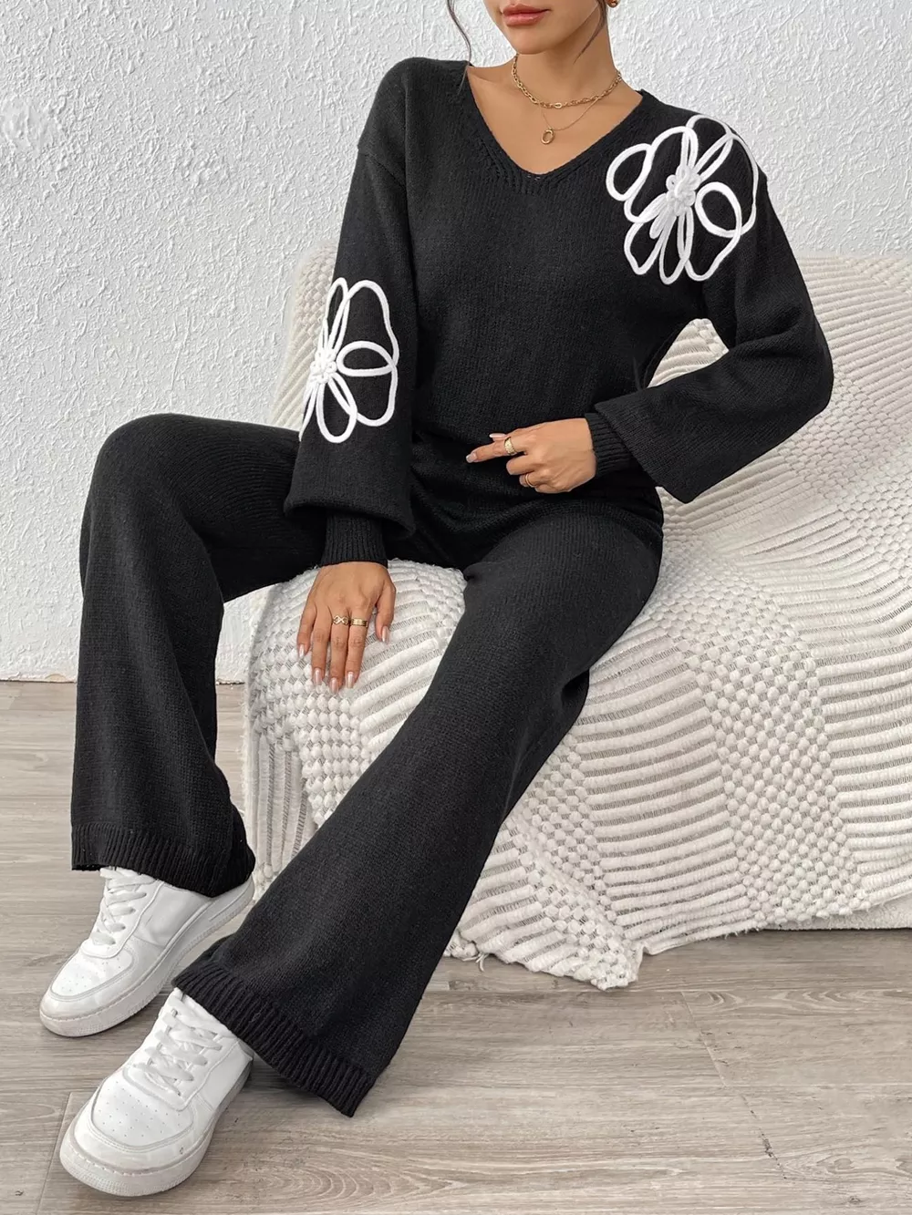 V-Neck Dropped Shoulder Top and Pants Sweater Set, image 3