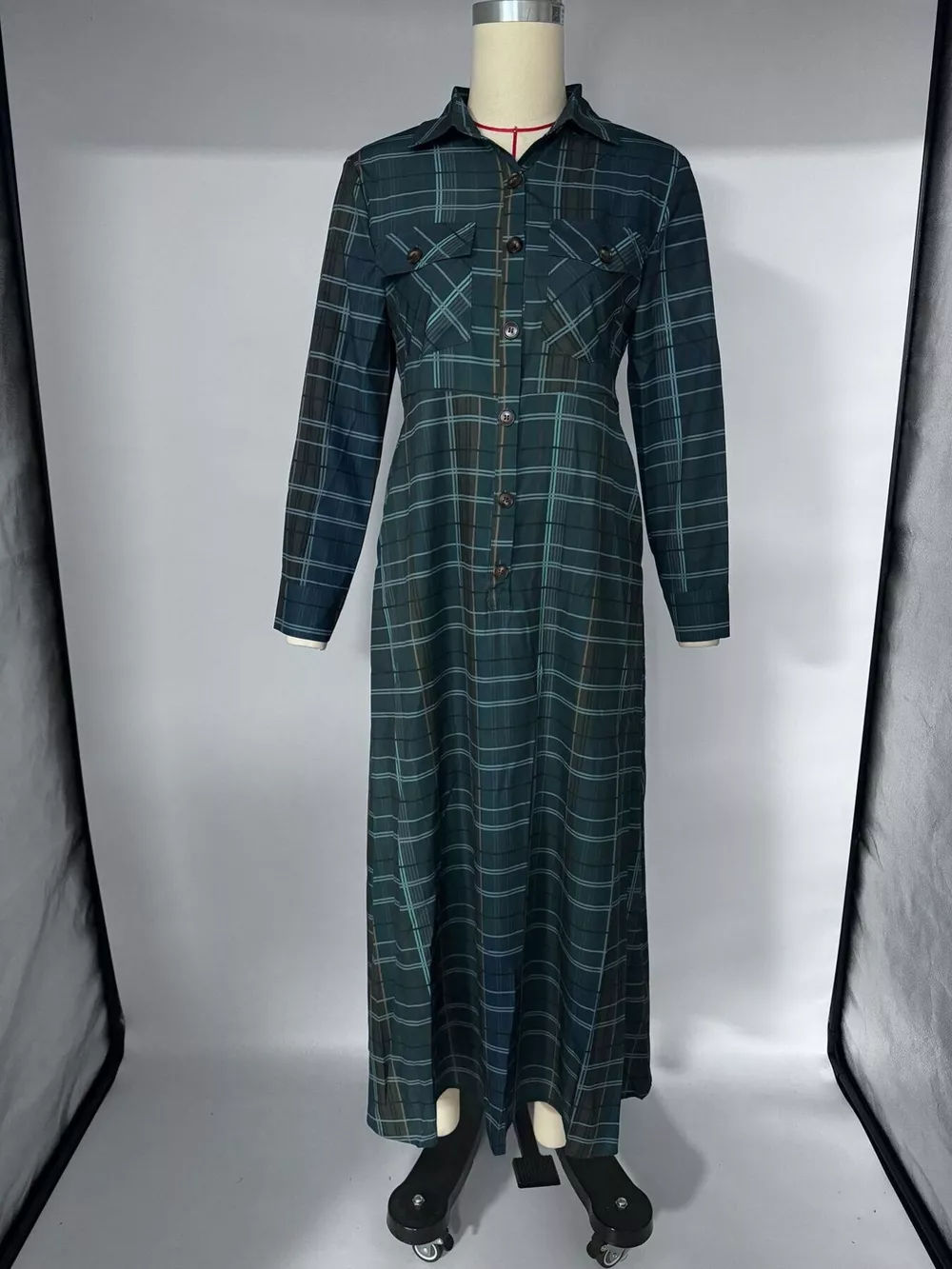 Vintage Plaid Button-Down Maxi Shirt Dress, image 4
