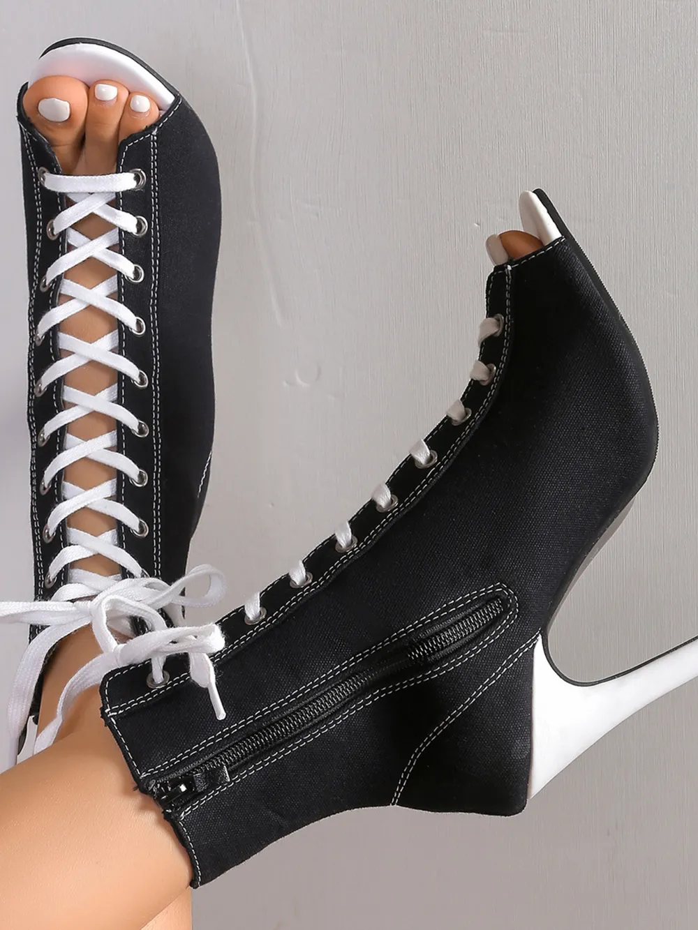 Canvas Lace-Up Peep Toe Stiletto Ankle Boots, image 6