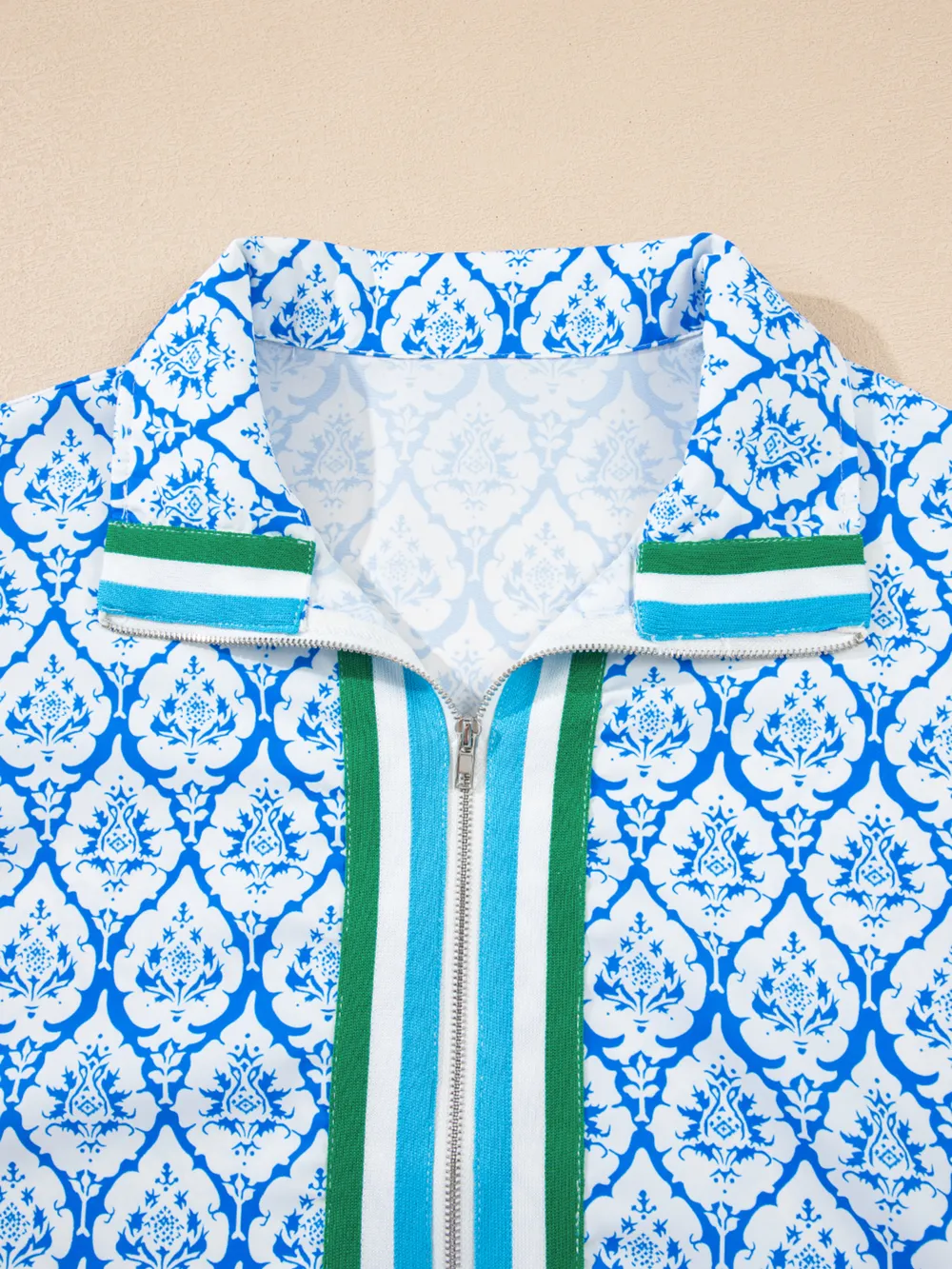 Western Print Zipped Collar Short Sleeve Summer Blouse Top, image 8