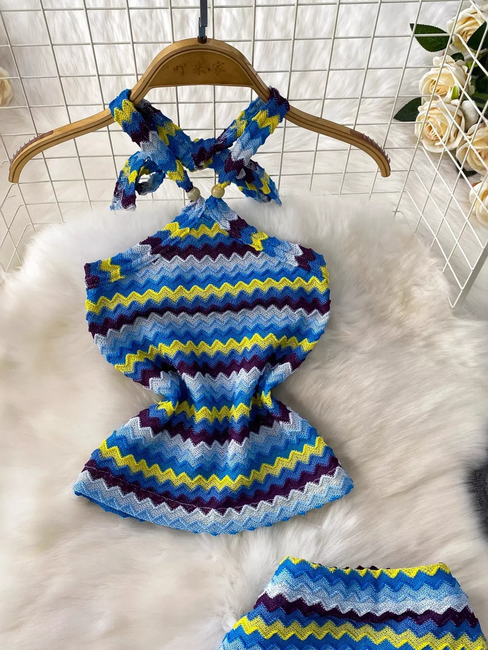 Striped Knitted Halter Top and Maxi Skirt Set, image 2