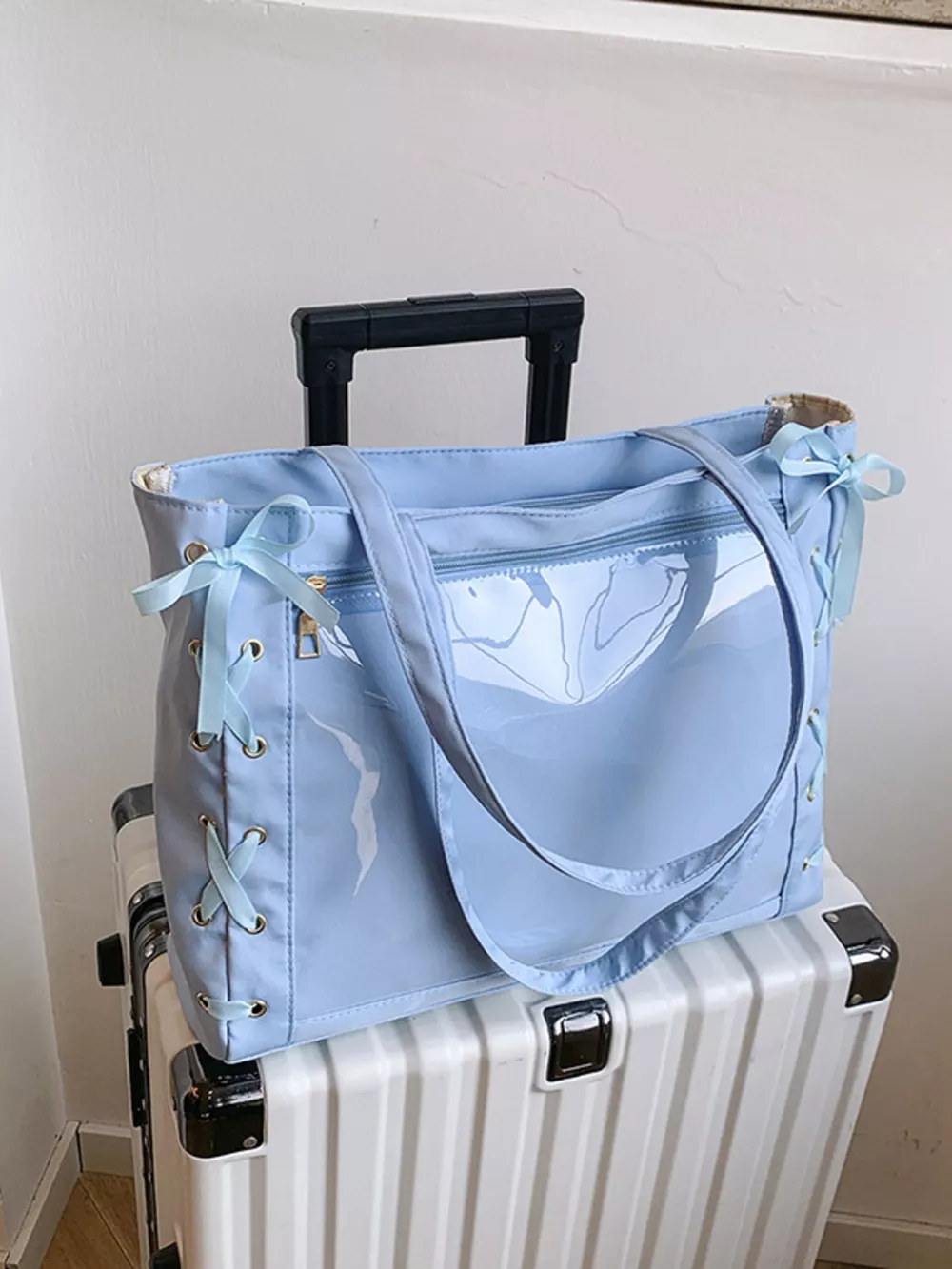 Lace-Up Trim Clear Panel Shoulder Bag, image 16
