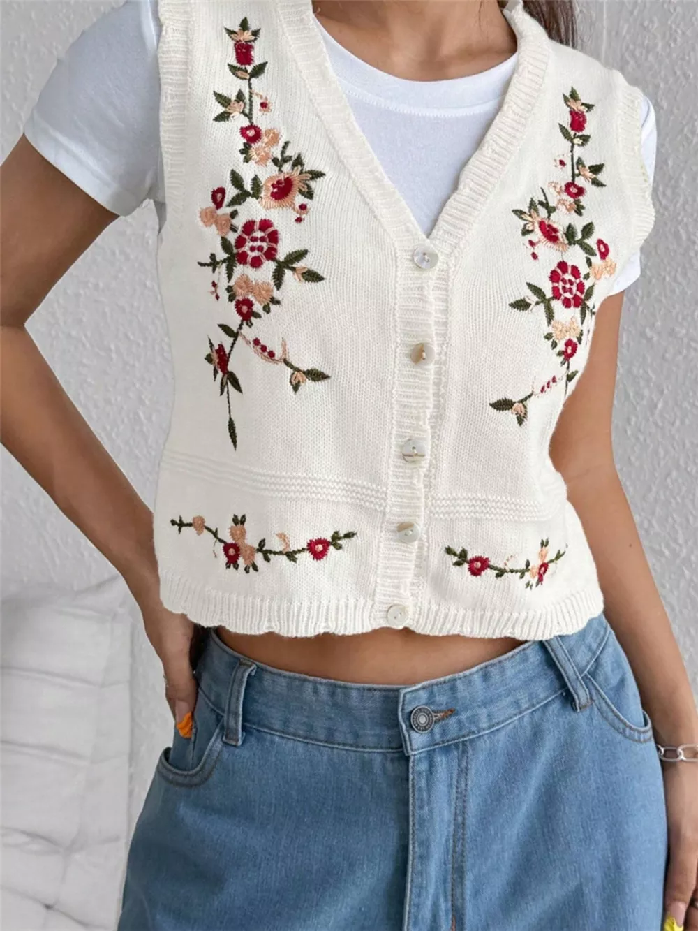 Embroidered Button Up Sweater Vest, image 13