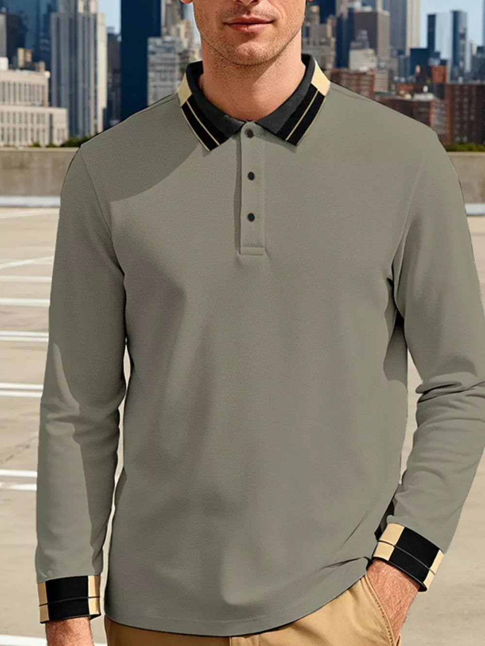 Men's Full Size Button Detail Long Sleeve Polo Plus Size, image 6