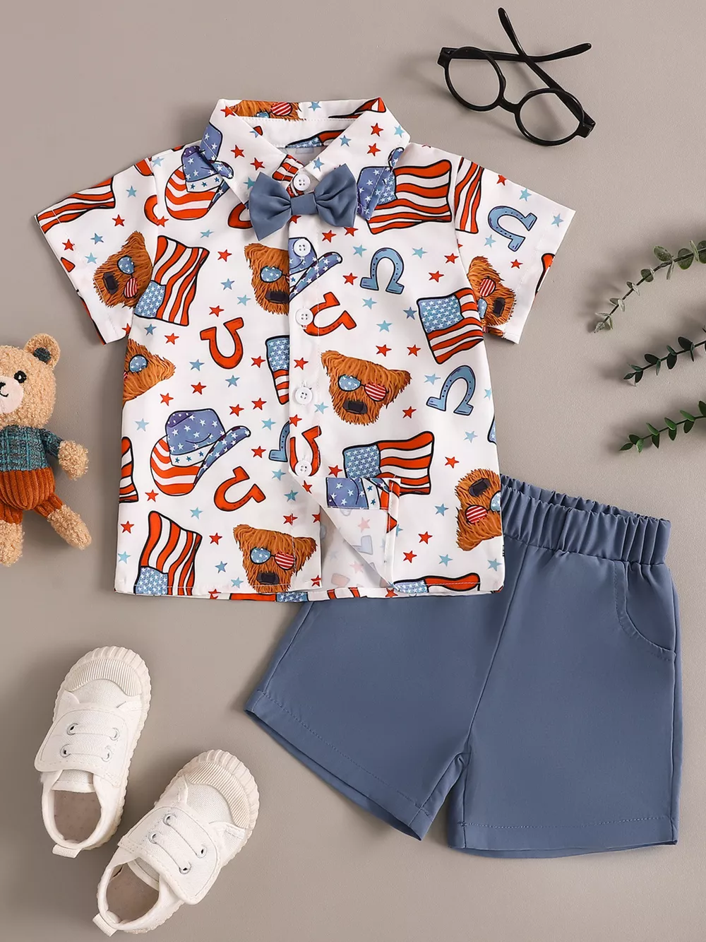Children's American Flag Print Bow Tie Shirt & Shorts Set, image 2