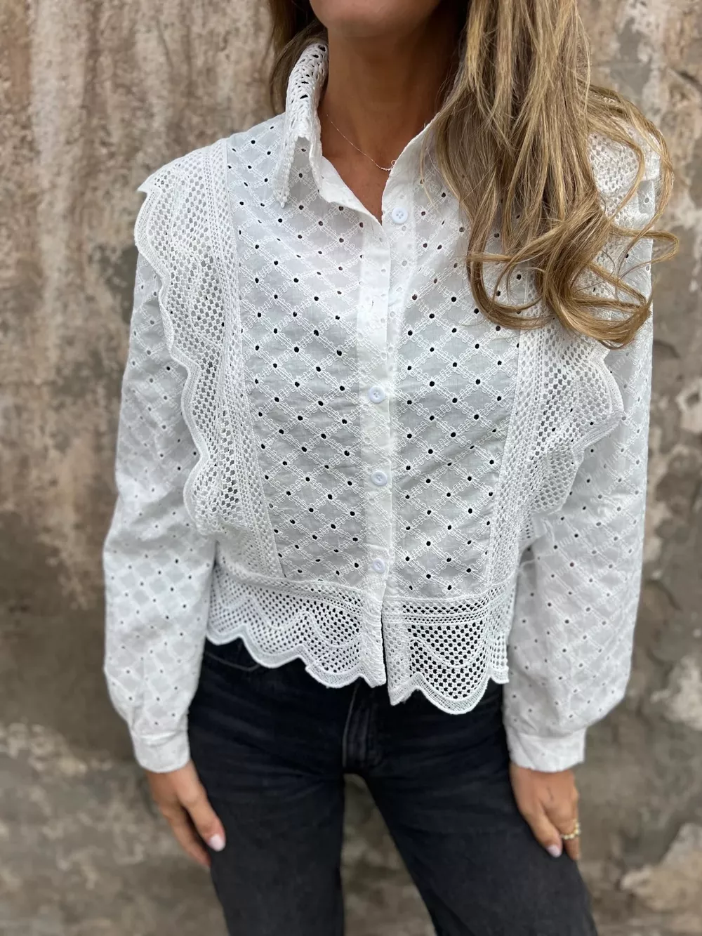 Eyelet Button-Up Shirt with Scalloped Hem, image 3