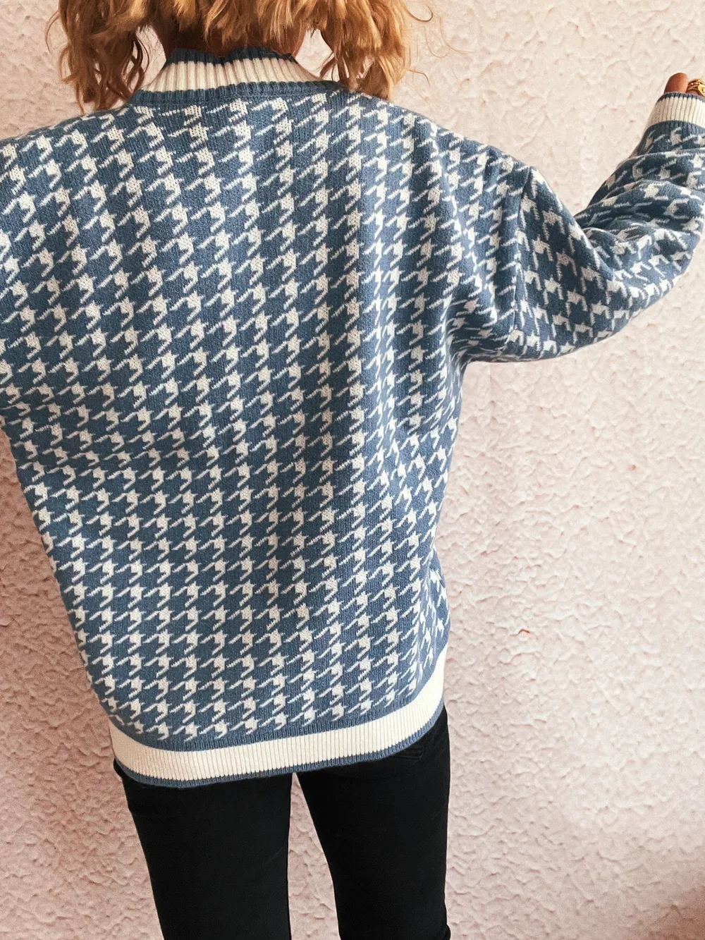 Houndstooth Pattern V-Neck Button-Up Cardigan, image 16