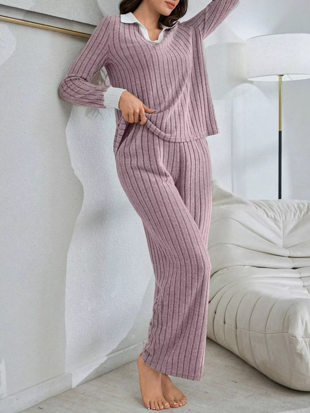 Ribbed Knit Polo Collar Top and Pants Lounge Set, image 2