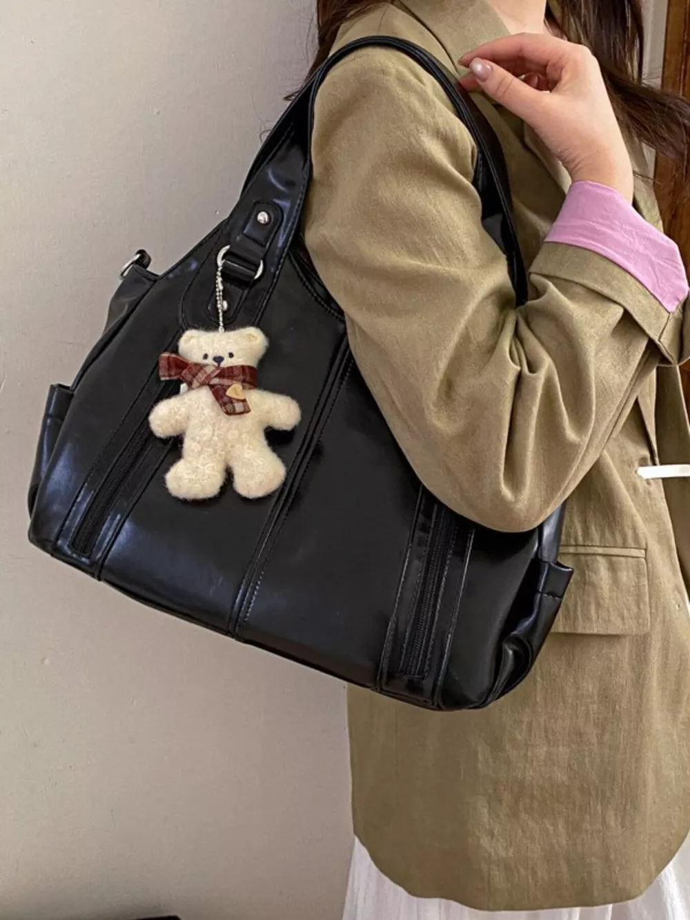 Leather Shoulder Bag with Bear Charm, image 4