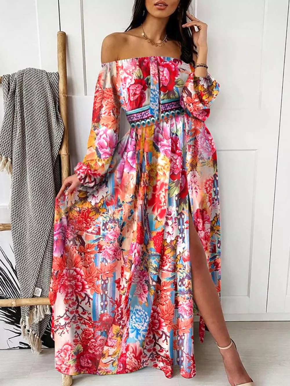 Slit Printed Off Shoulder Maxi Dress, image 3