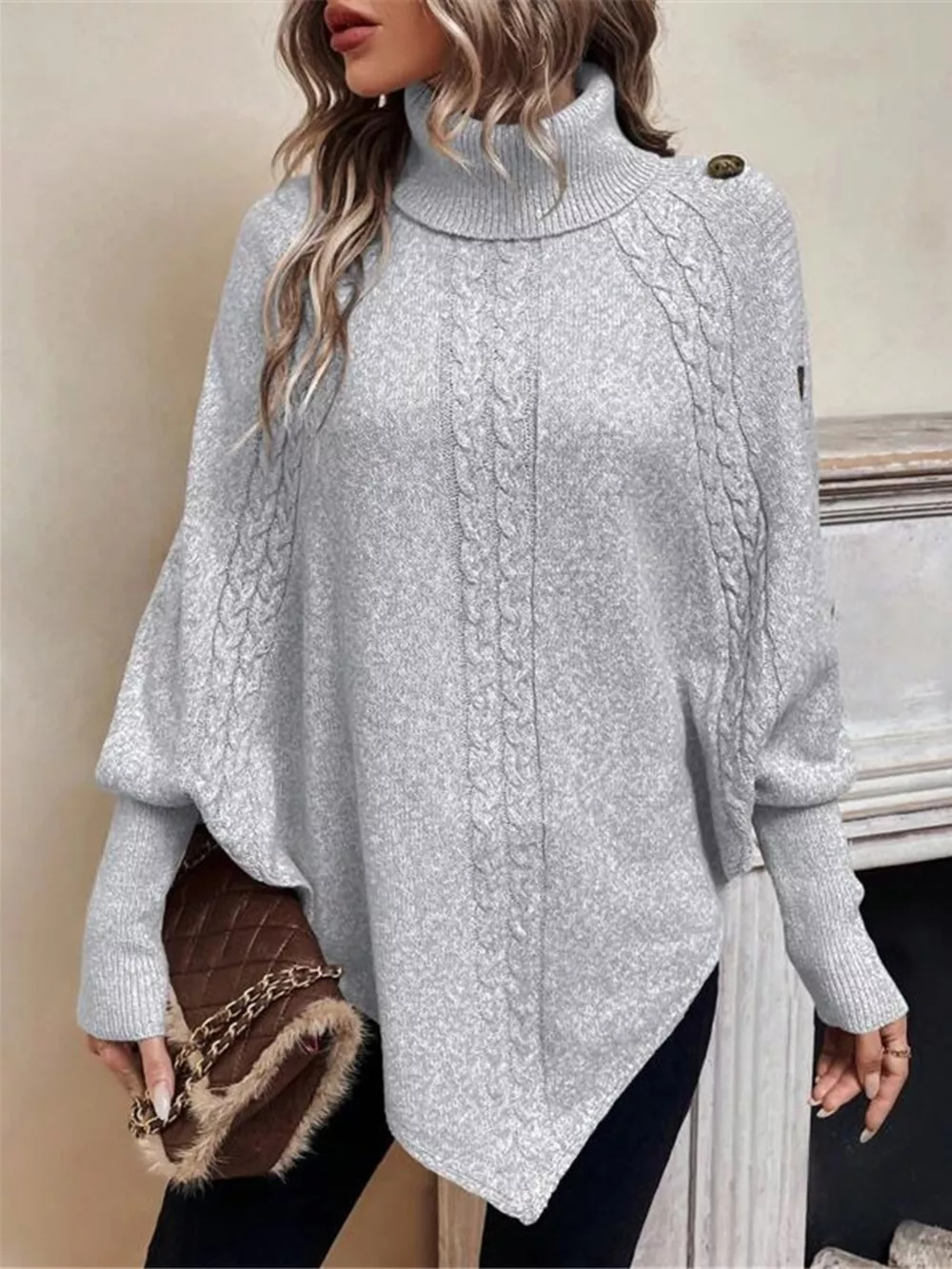 Cable Knit Turtleneck Cape Sweater, image 16