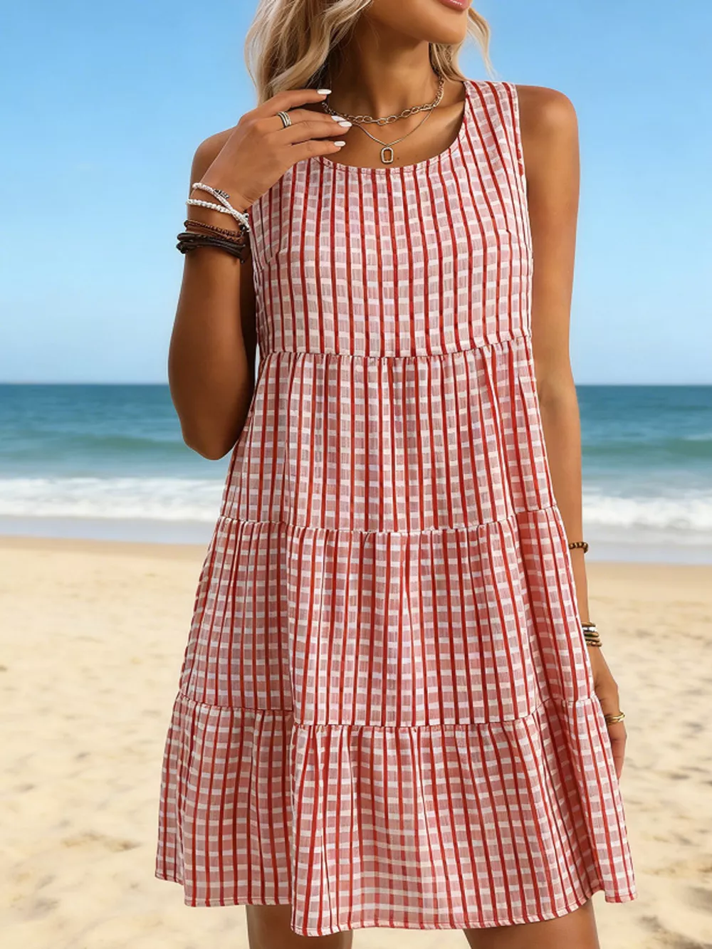 Textured Sleeveless Tiered Mini Dress, image 7