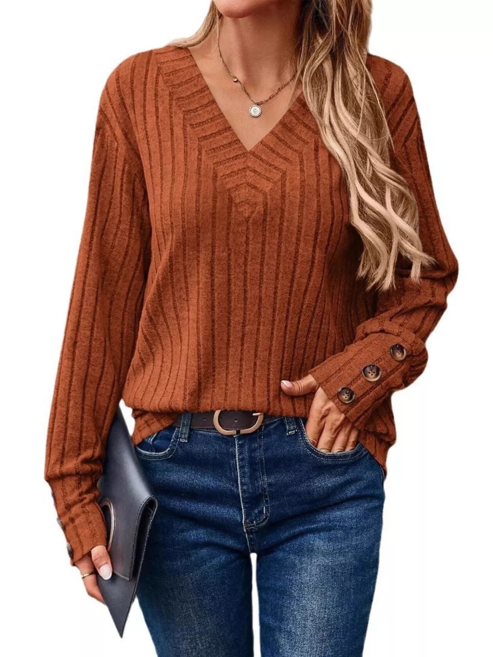 Ribbed V-Neck Long Sleeve Top, image 6