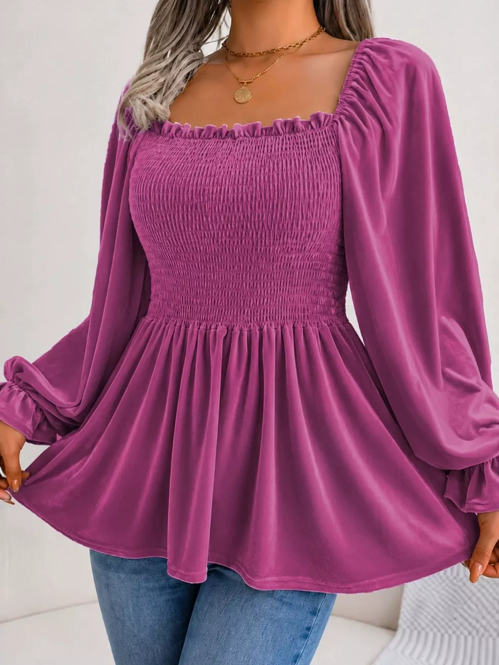 Velvet Smocked Peplum Blouse, image 5