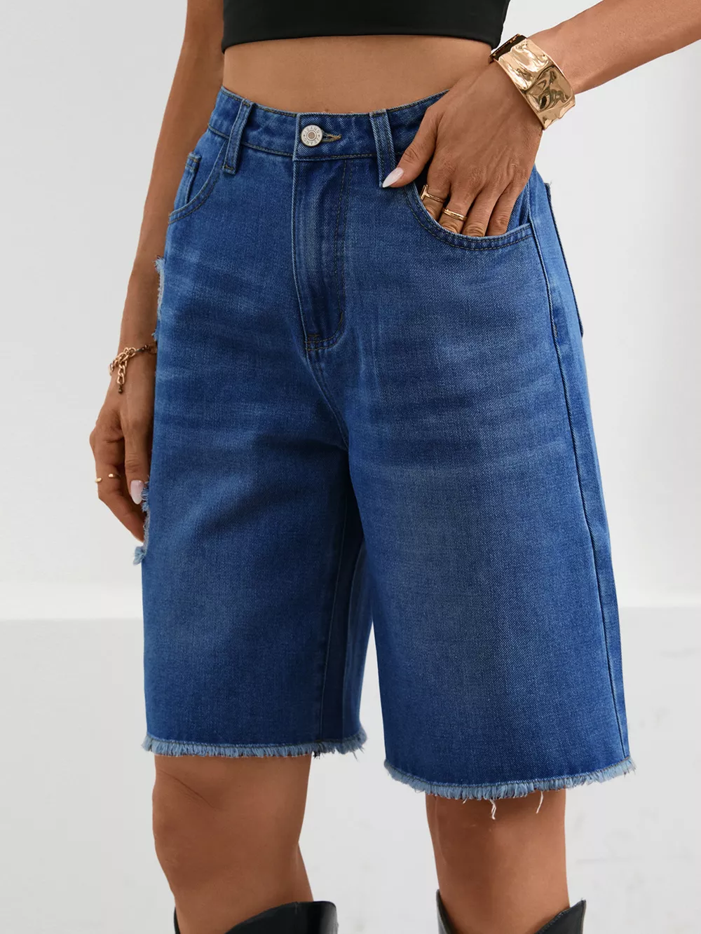Ripped Frayed Hem Denim Shorts, image 14