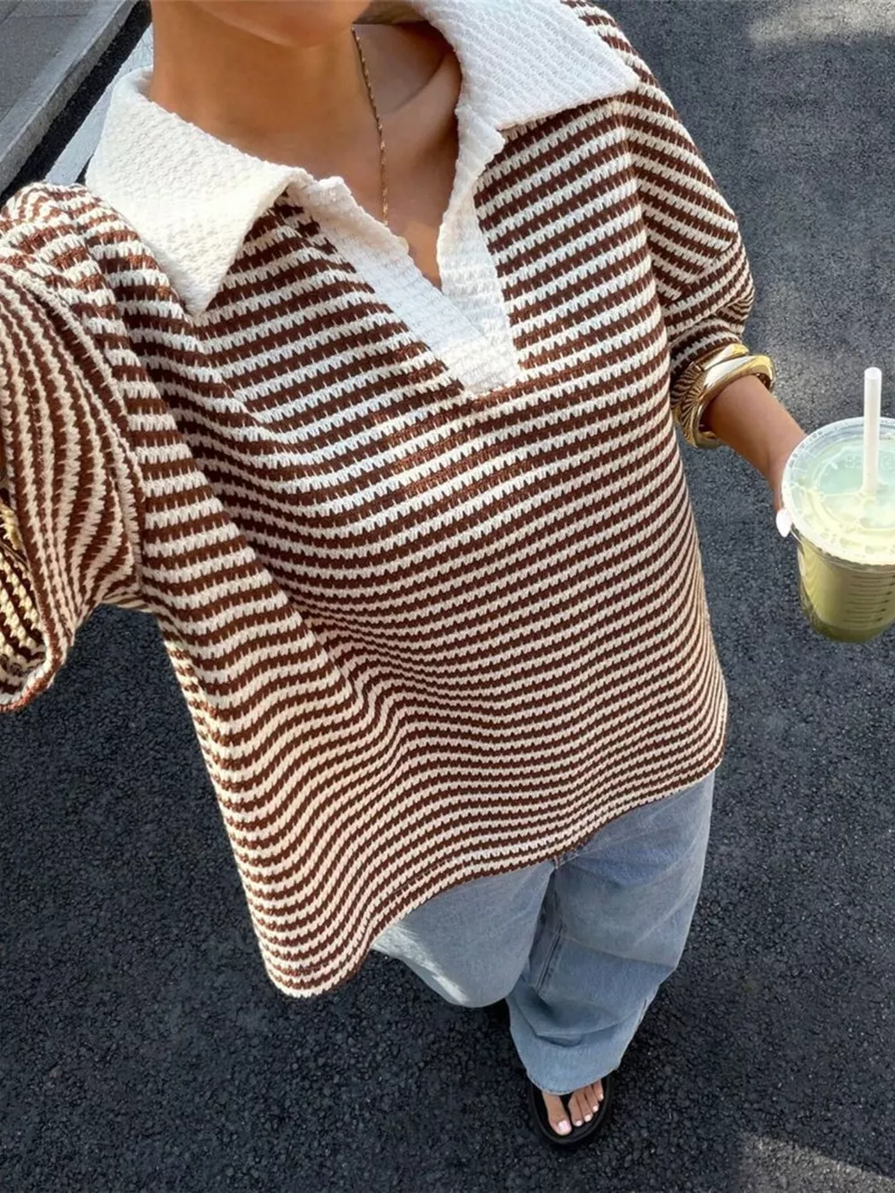 Striped Knit 3/4 Sleeve Polo Top, image 3