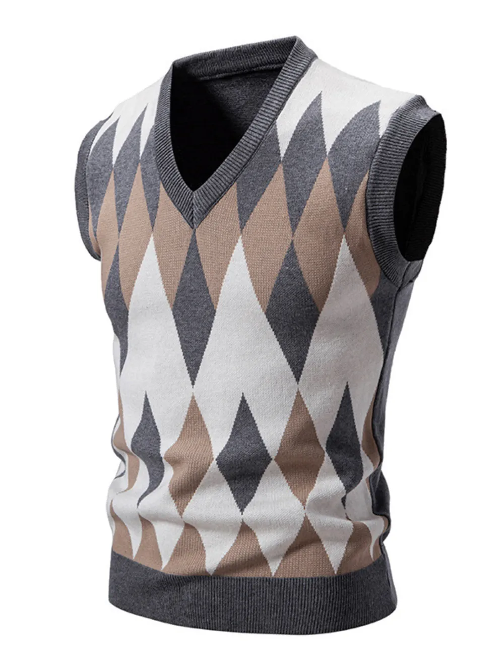 Men's Plus Size Diamond Pattern V-Neck Sweater Vest, image 3