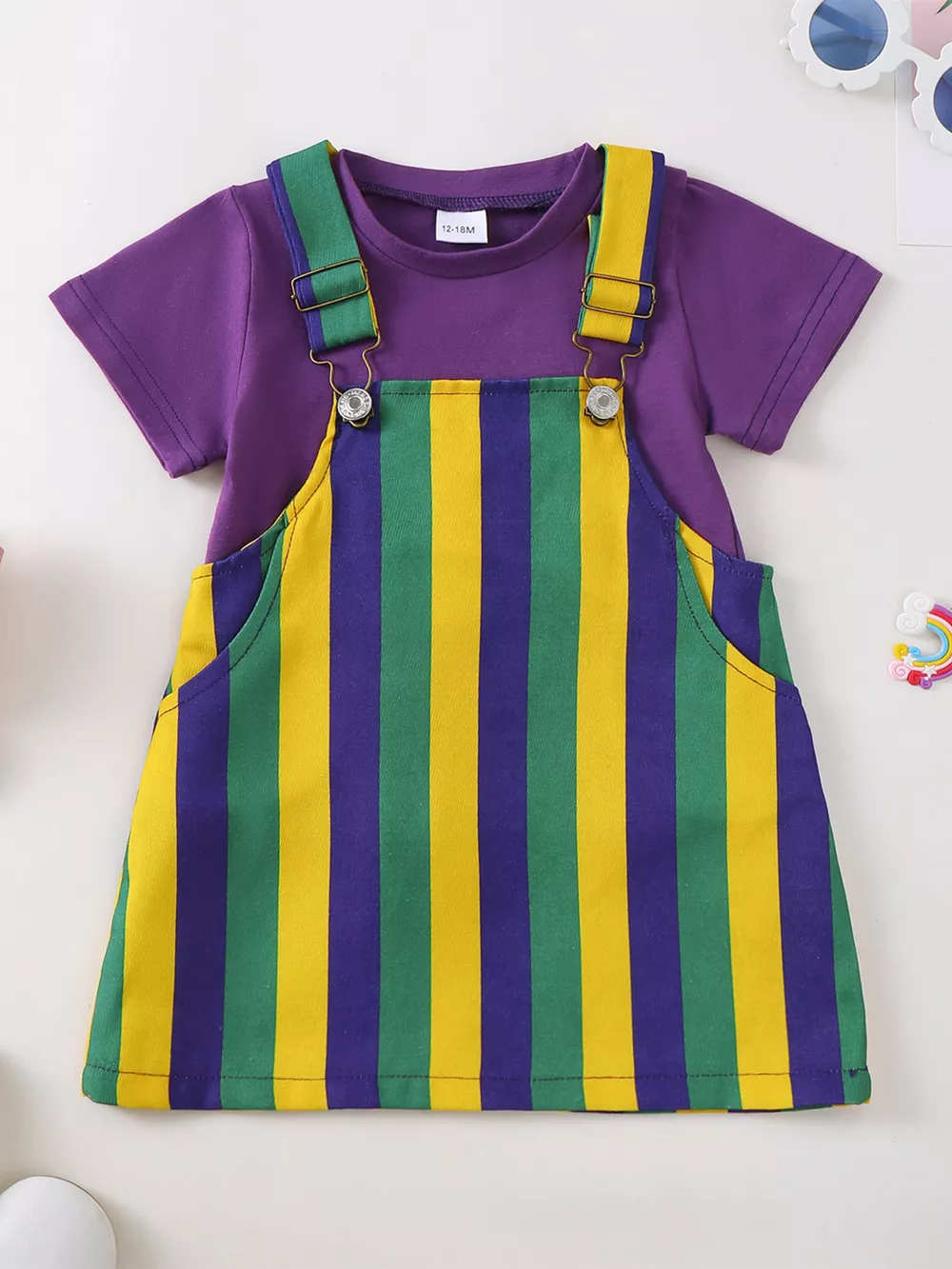 Children's Striped Overall Dress & Solid Tee Set