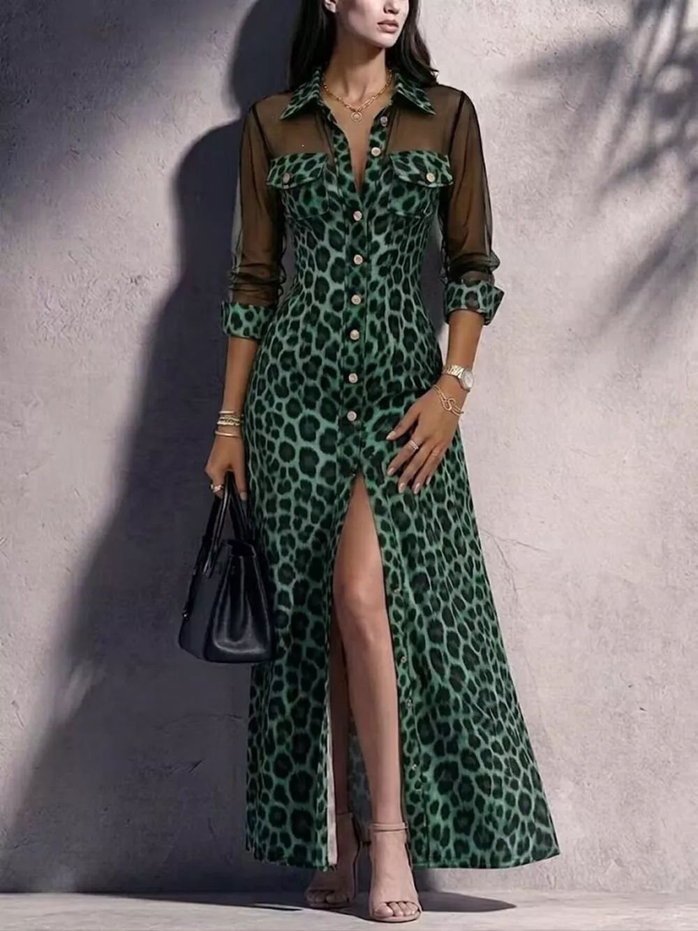 Full Size Leopard Print Sheer Mesh Panel Button-Down Maxi Dress Plus Size, image 7