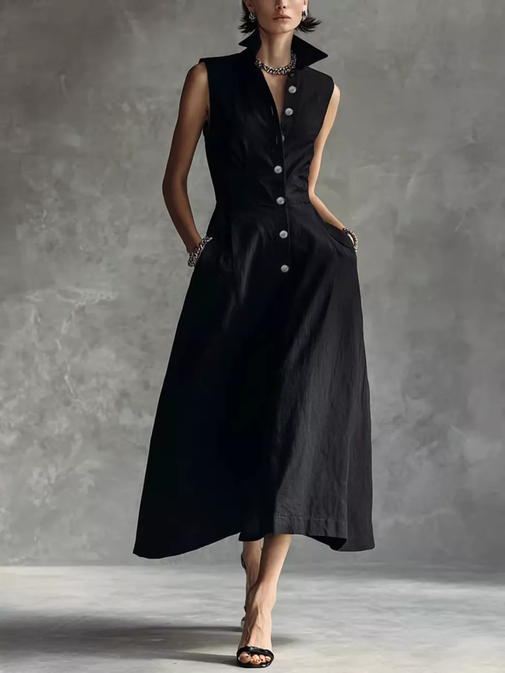 Sleeveless Button-Down Midi Shirt Dress, image 2