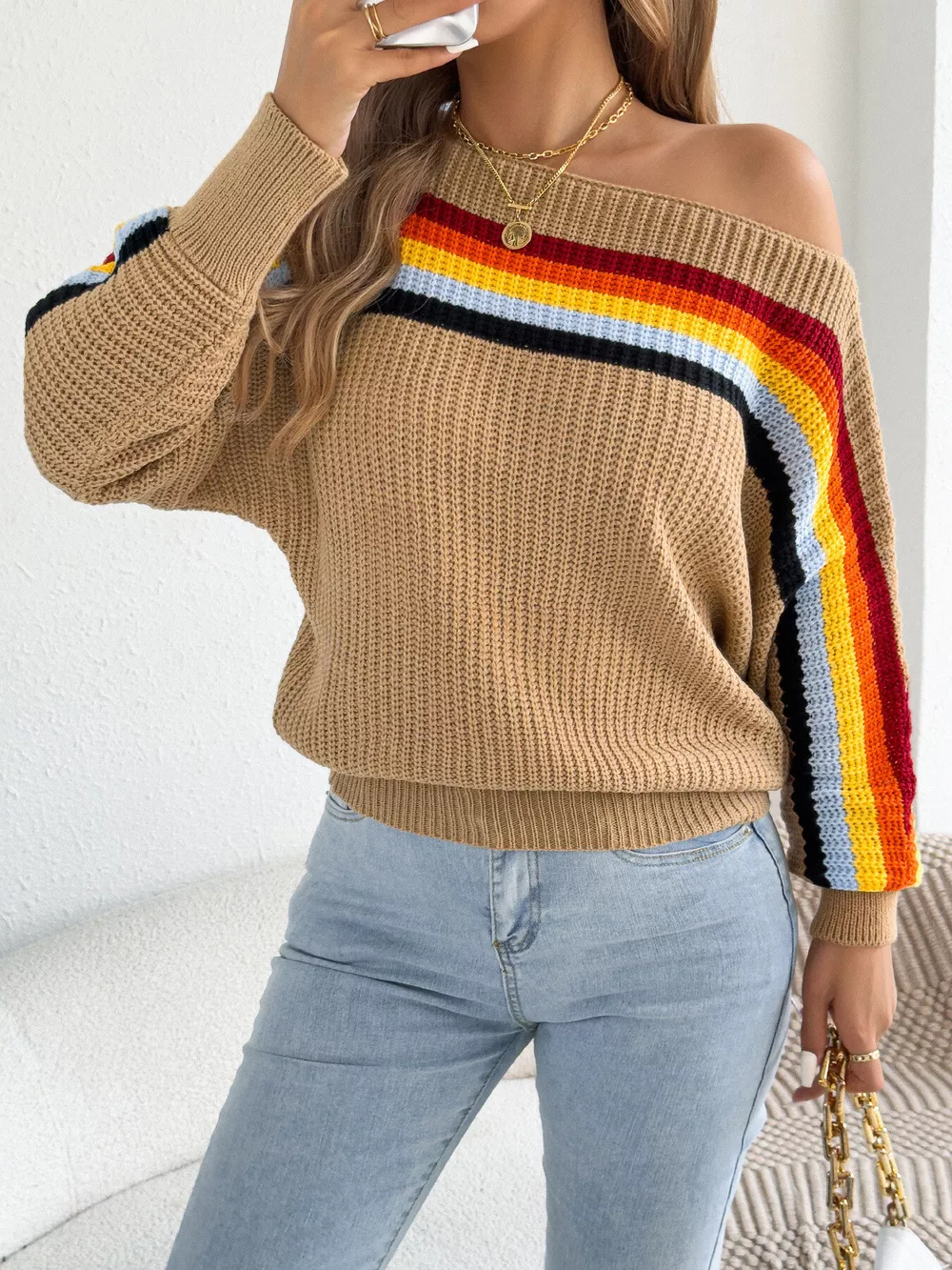 Striped Knit Boat Neck Sweater, image 9