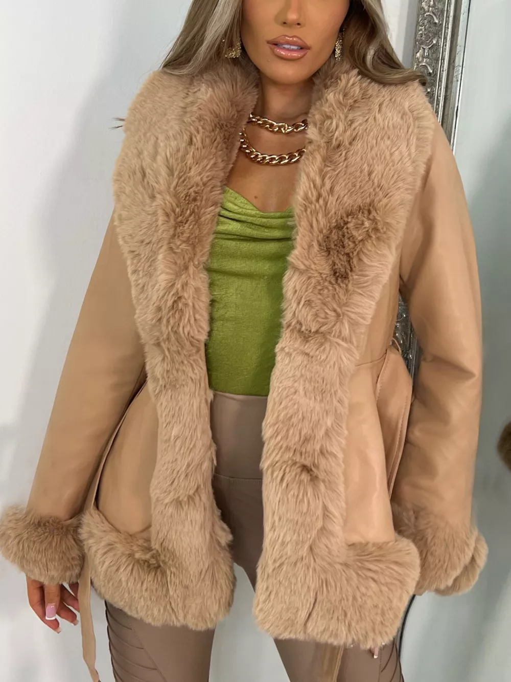 Faux Fur Trimmed Belted Outerwear, image 2