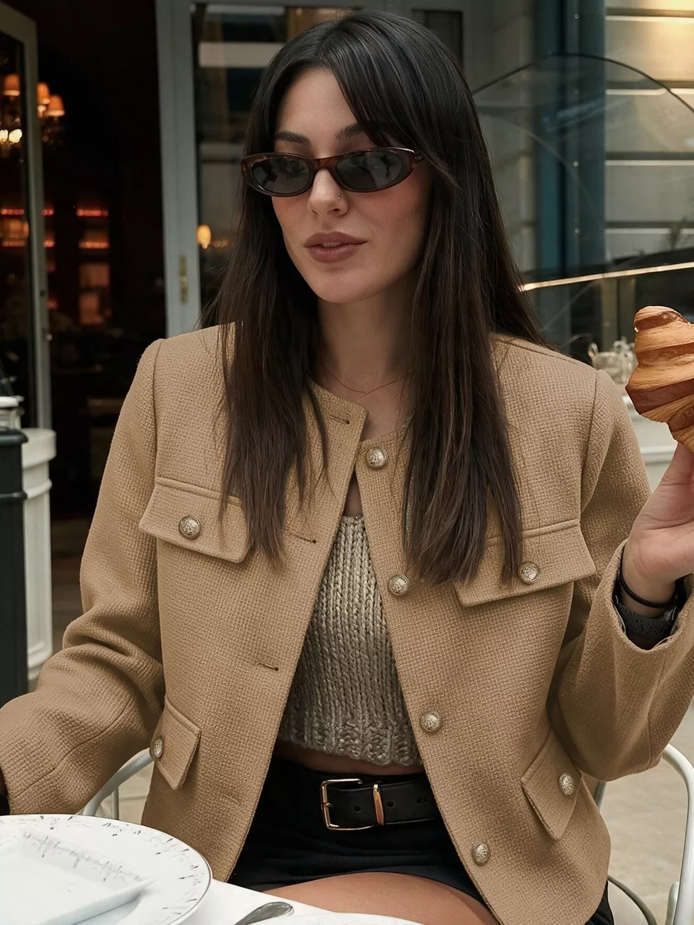 Textured Cropped Jacket with Gold-Tone Button, image 3