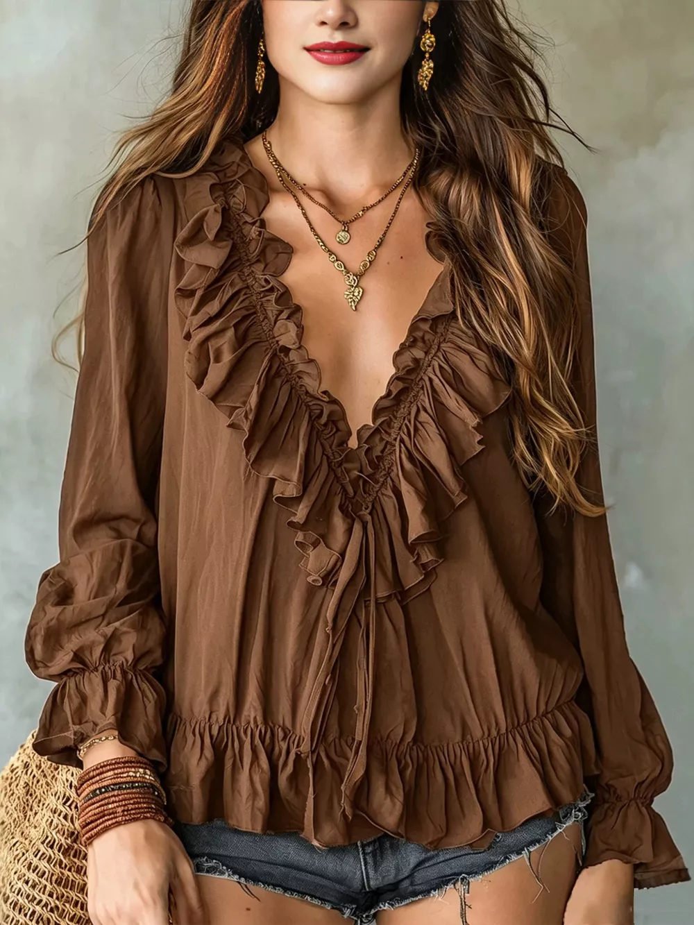 Ruffle V-Neck Long Sleeve Blouse, image 13