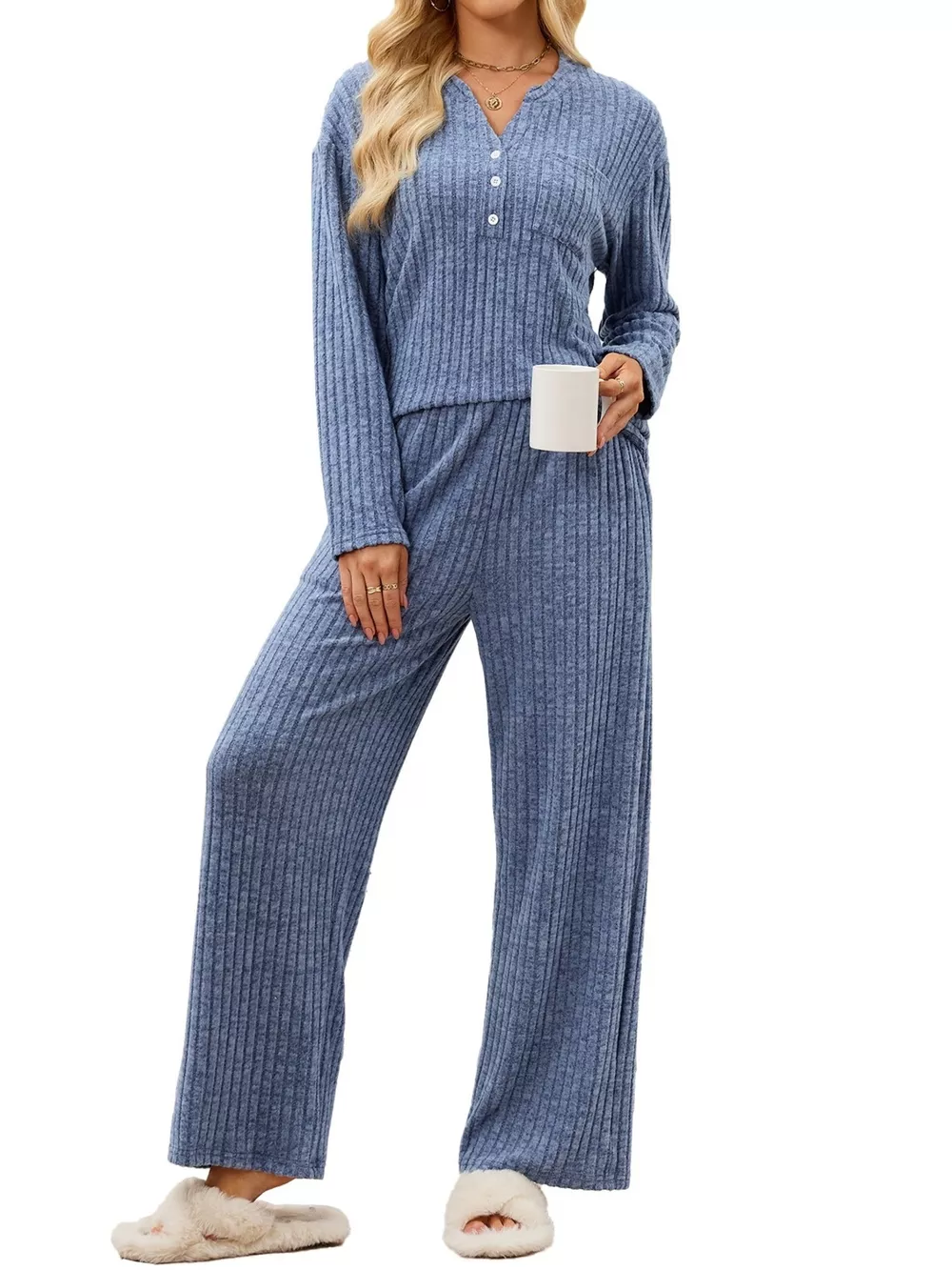 Ribbed Knit Top and Wide-Leg Pants Set