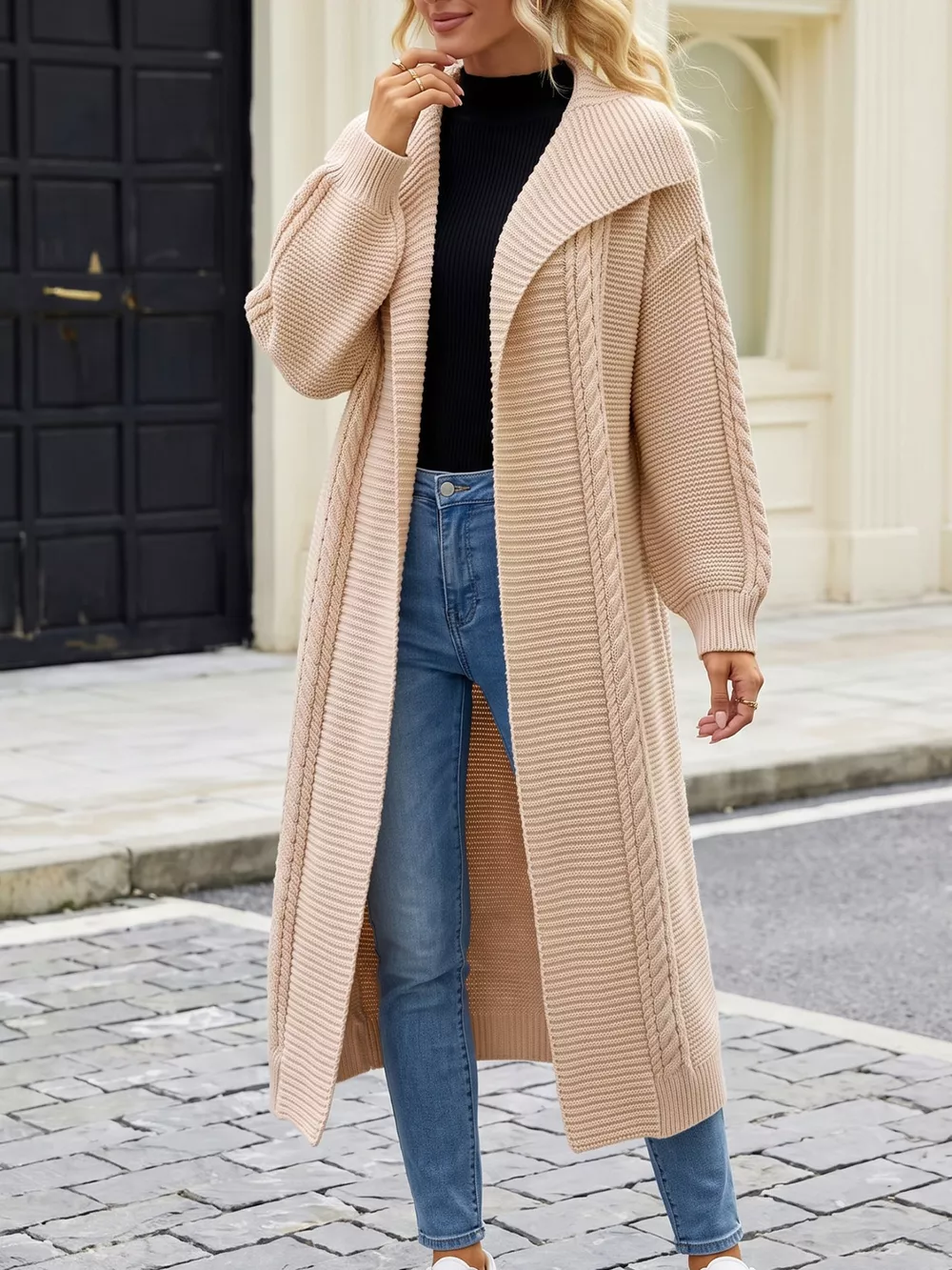 Cable-Knit Open-Front Longline Cardigan, image 3