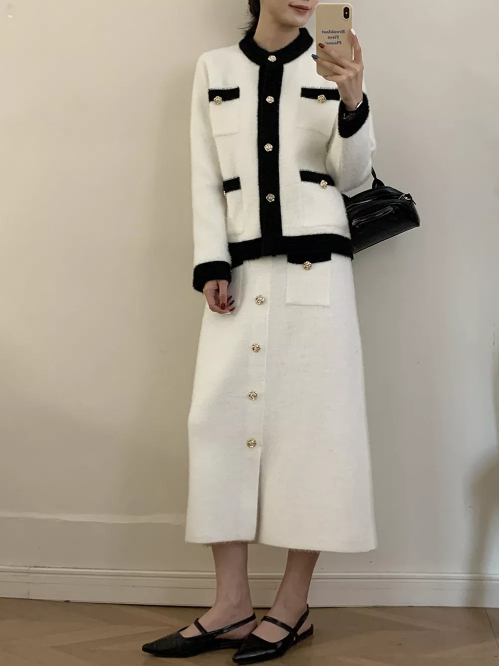 Contrast Trim Jacket and Skirts Sweater Set, image 2