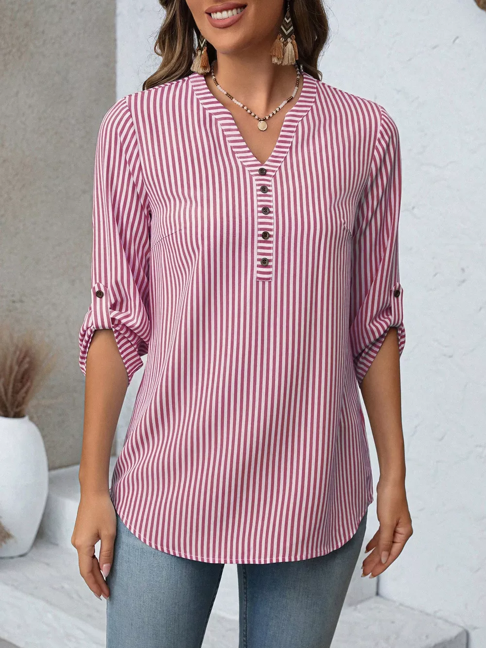 Striped V-Neck Roll-Up Sleeve Blouse, image 20