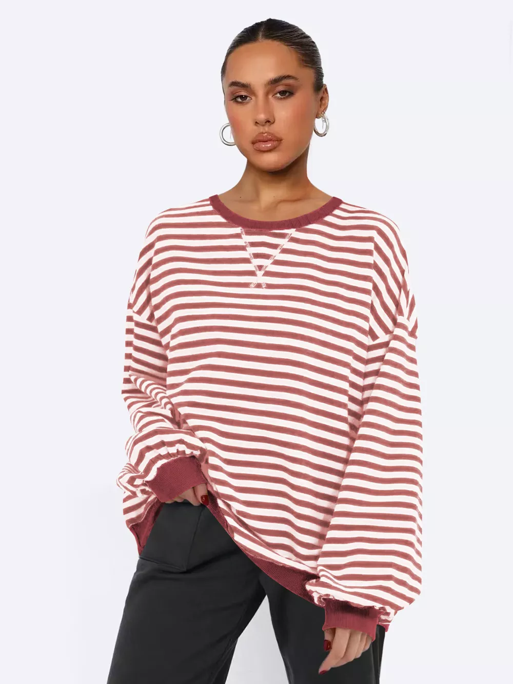 Striped Round Neck Long Sleeve Sweatshirt, image 3